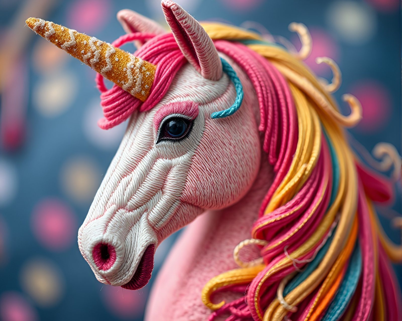 Vibrant slow-shutter image of detailed embroidered unicorn art
