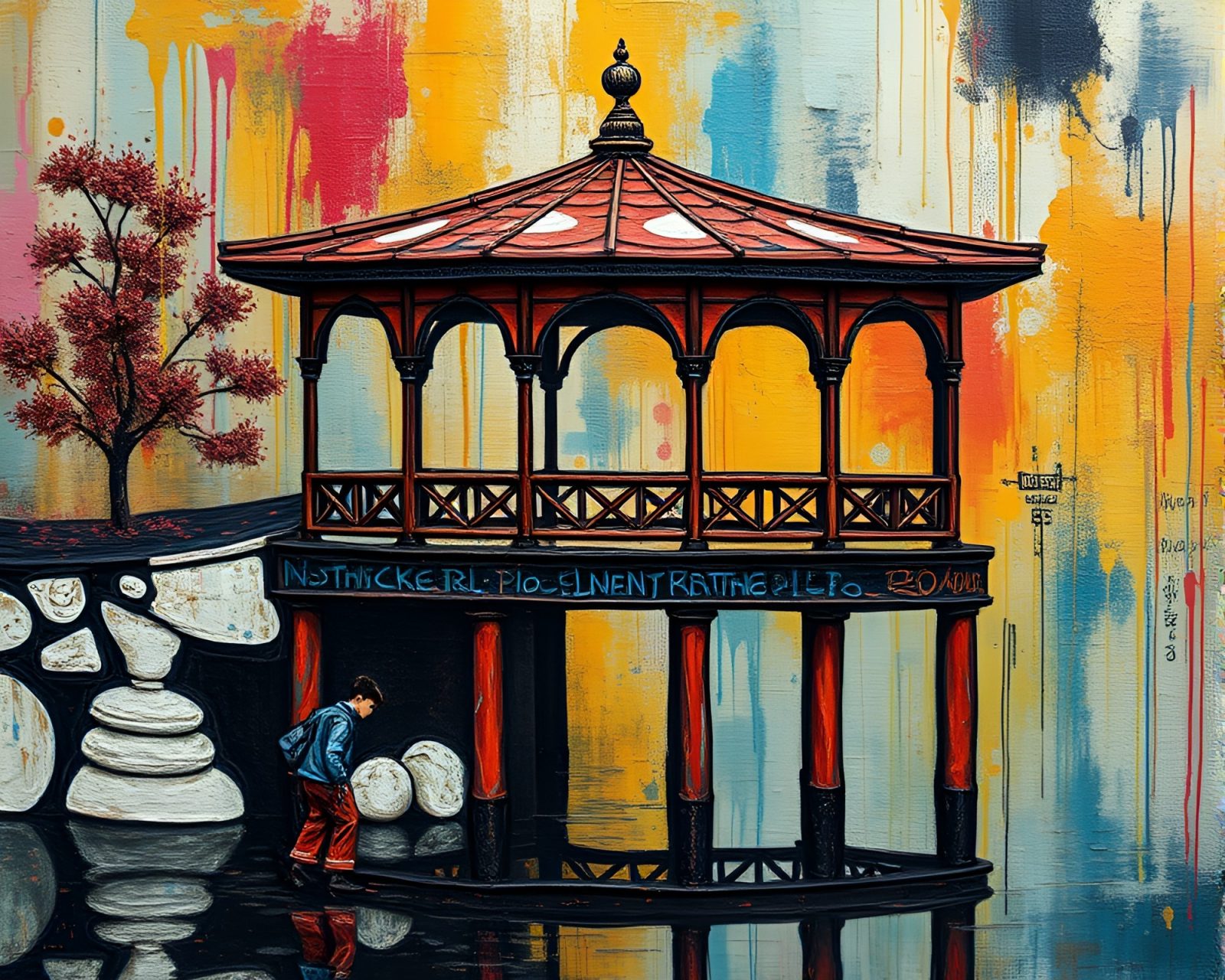 Vibrant encaustic painting of a floating pavilion with embroidered graffiti