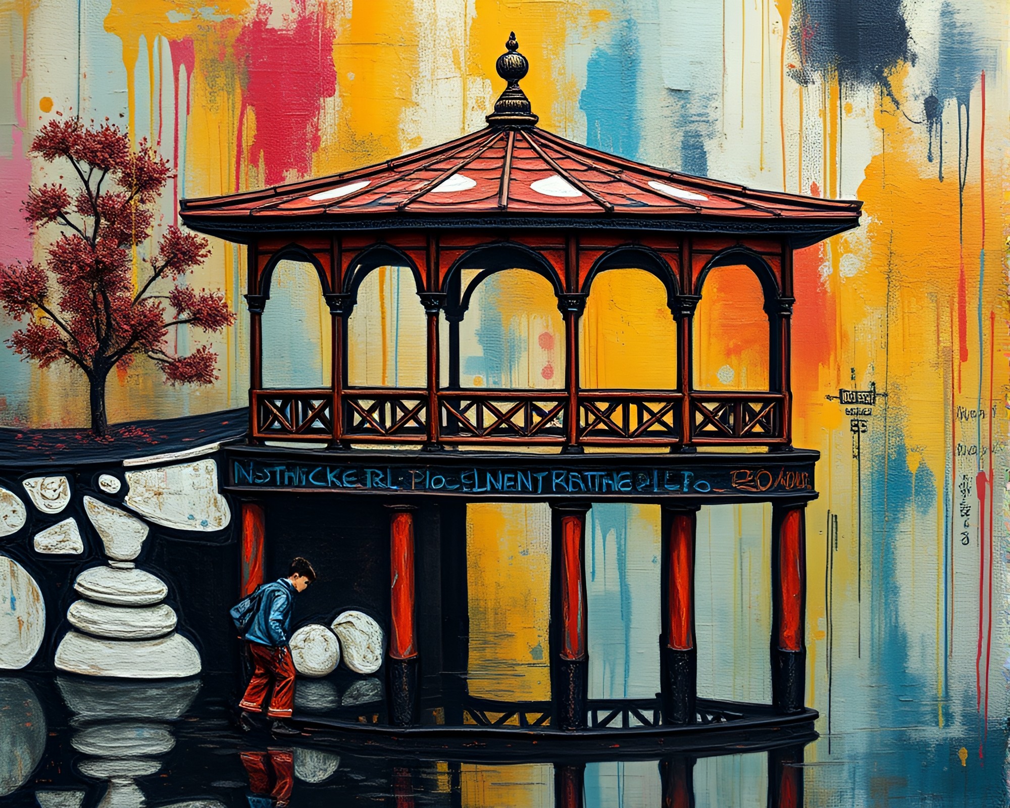 Encaustic Floating Pavilion with Graffiti Embroidery – free AI stock image