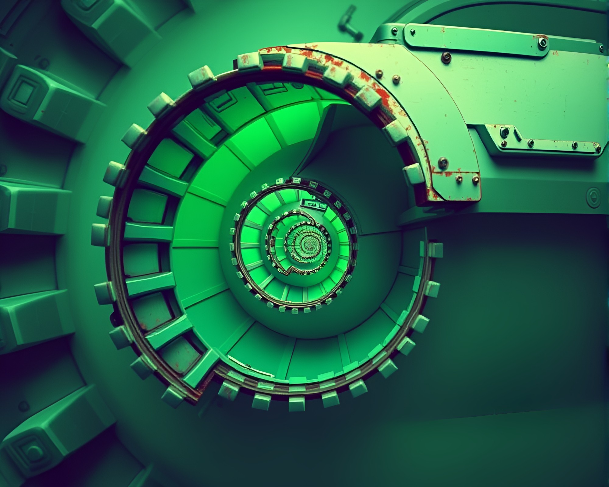 Mint Green Armored Tank in Fibonacci Spiral Structure – free AI stock image