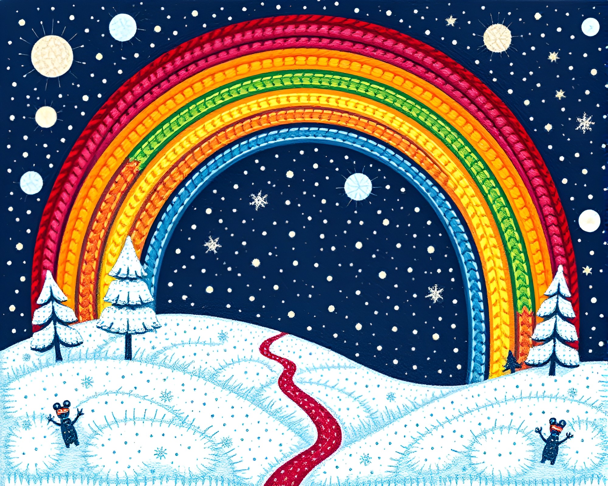 Winter Cosmic Rainbow Calligraphy Stitched Pattern Design – free AI stock image