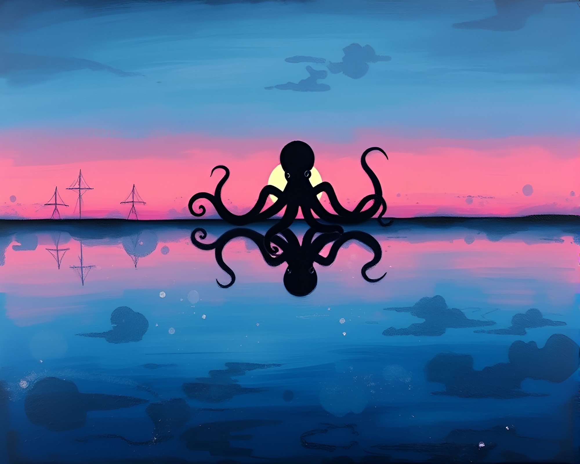 Sunrise Silhouette: Encaustic Octopus Reflection – free AI stock image