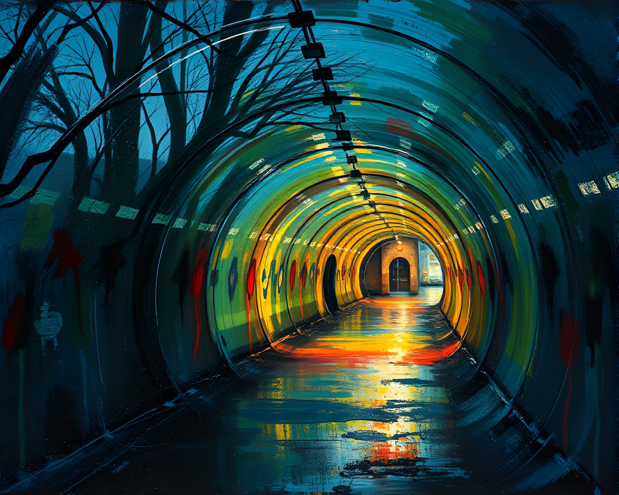 Vibrant Street Art Tags in Glass Tunnel Scene – free AI stock image