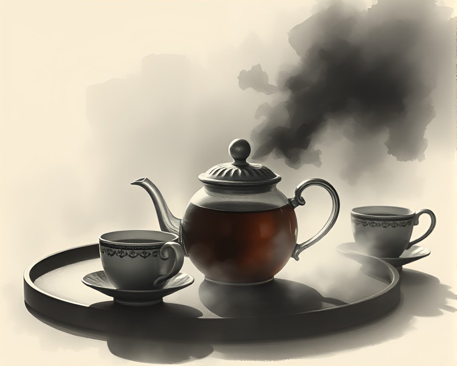 A moody tea set drawing in charcoal strokes