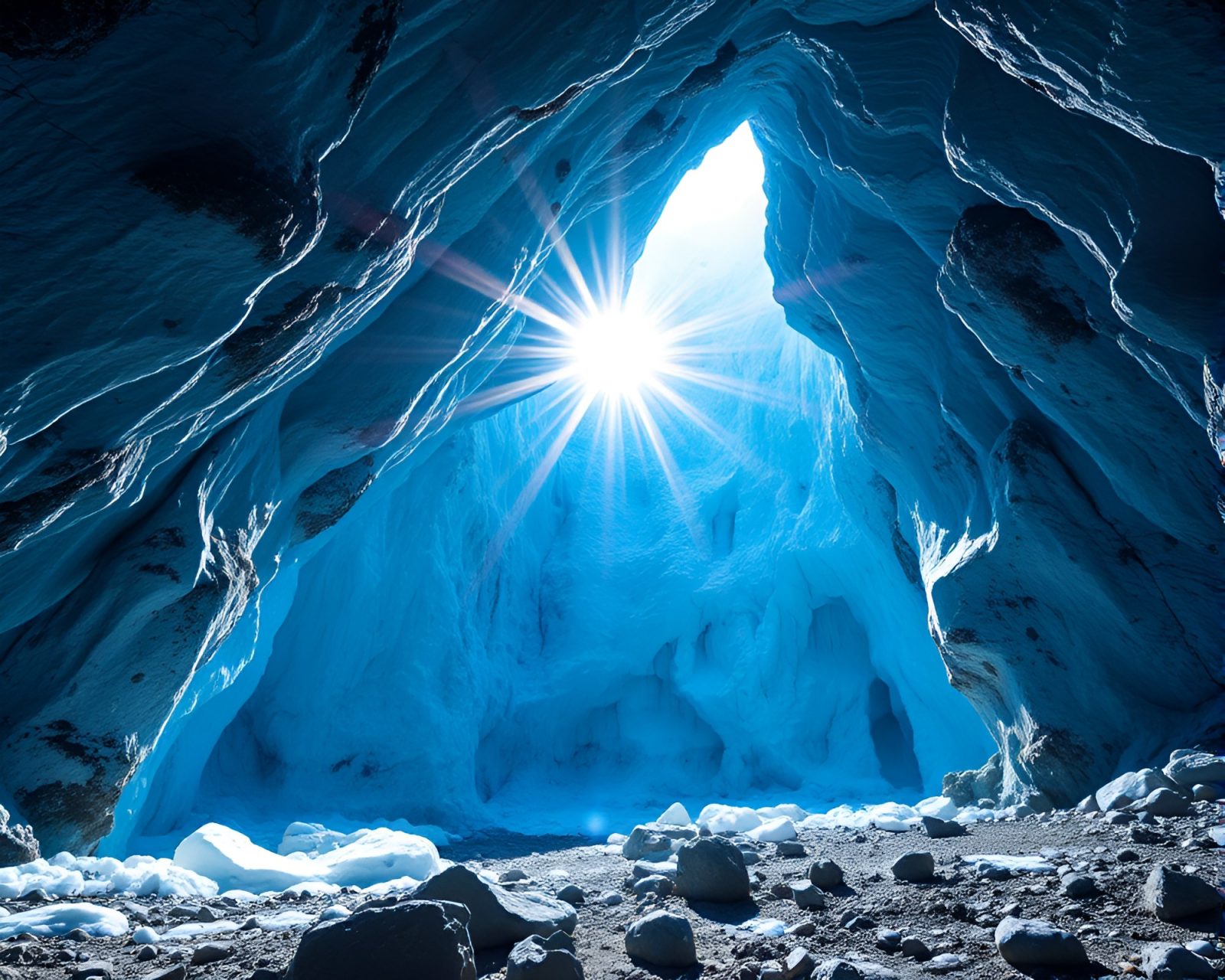 Pixel art of sunburst lighting up icy cave with UV shine