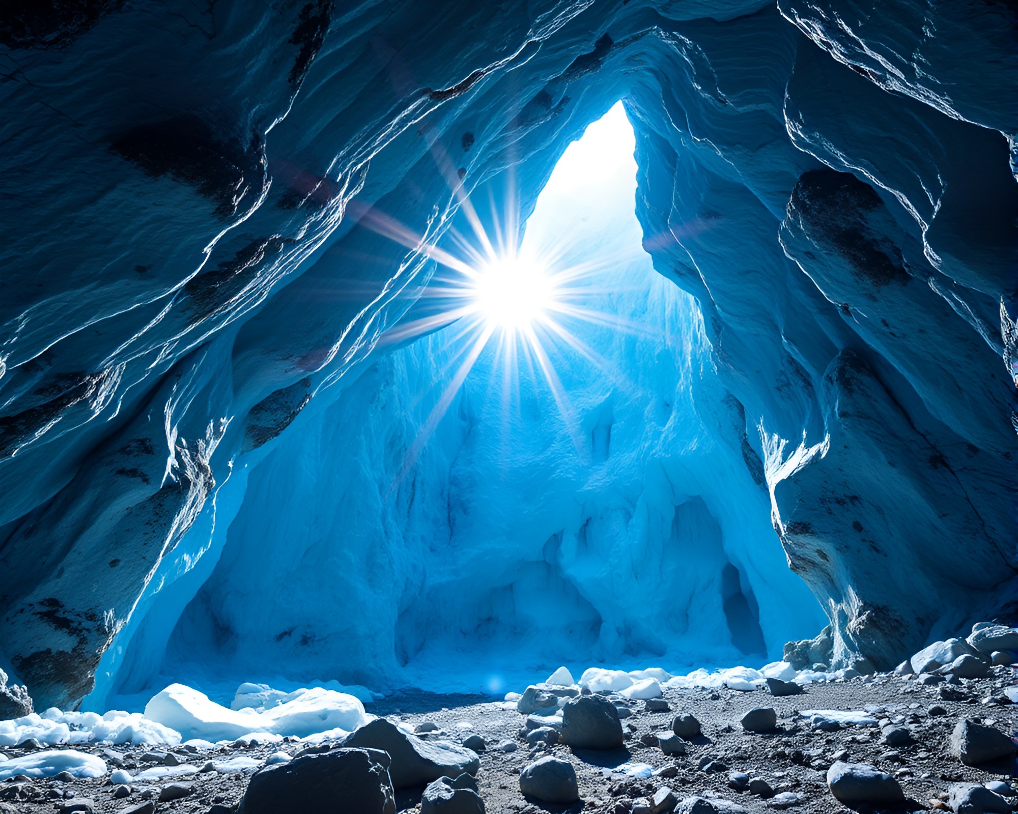 Crystal Sunburst in Glacial Cave: 8-Bit Ultraviolet Glow – free AI stock image
