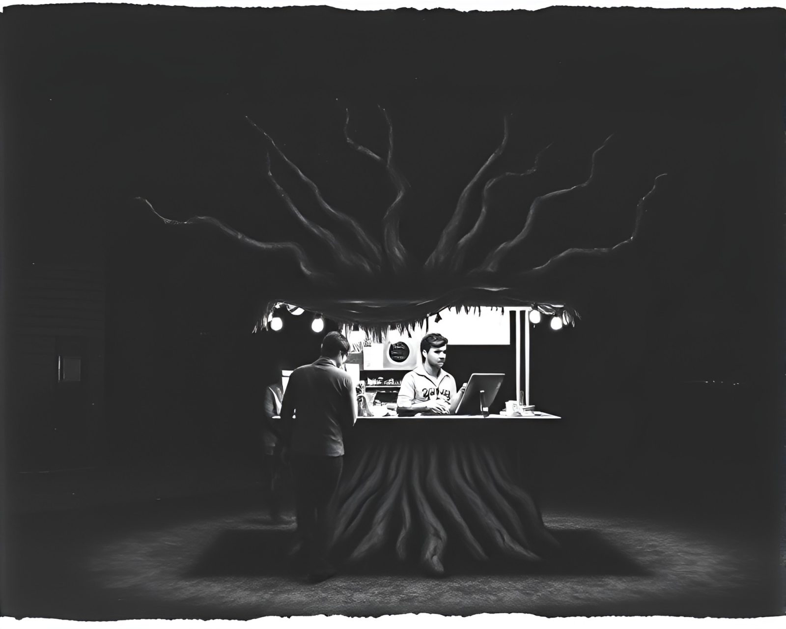 A beautifully surreal taco stand in an underexposed ink wash setting.