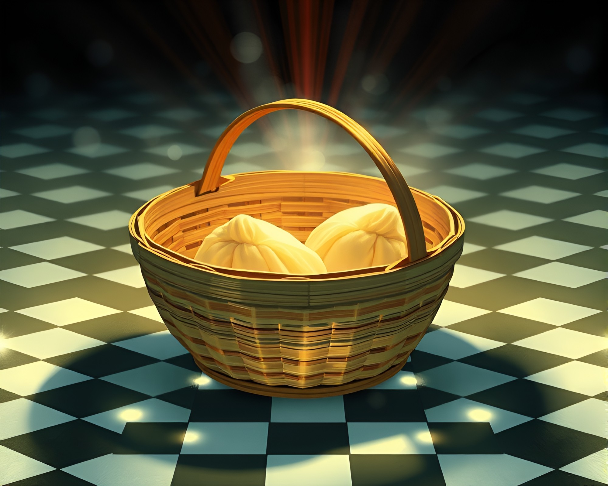 Checkered Dim Sum Basket under Lens Flare – free AI stock image
