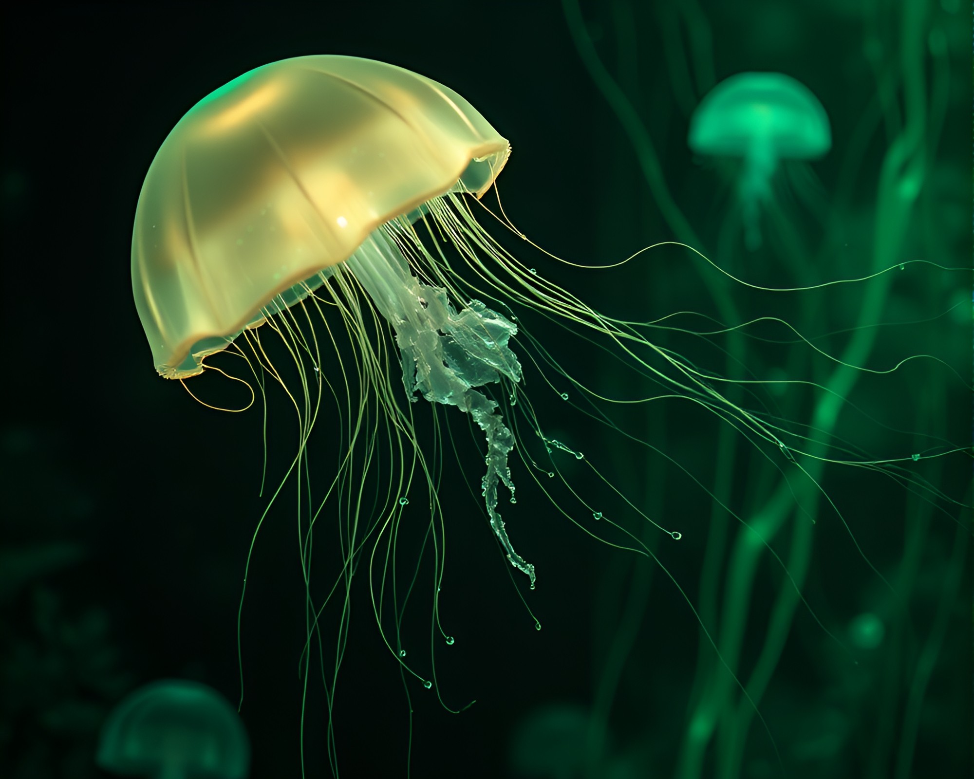 Enchanted Forest Bioluminescent Jellyfish with Scan Lines – free AI stock image