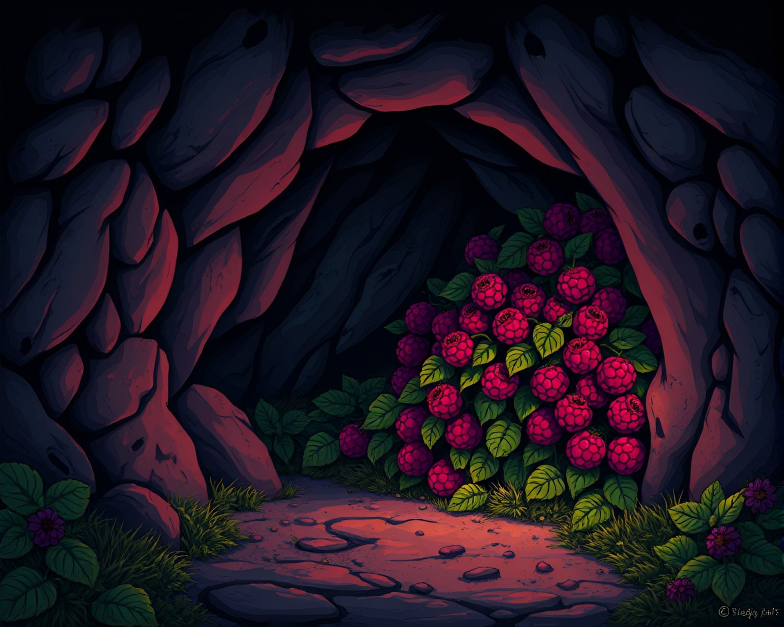 Colorful graffiti of raspberry plants in dark tunnel entrance