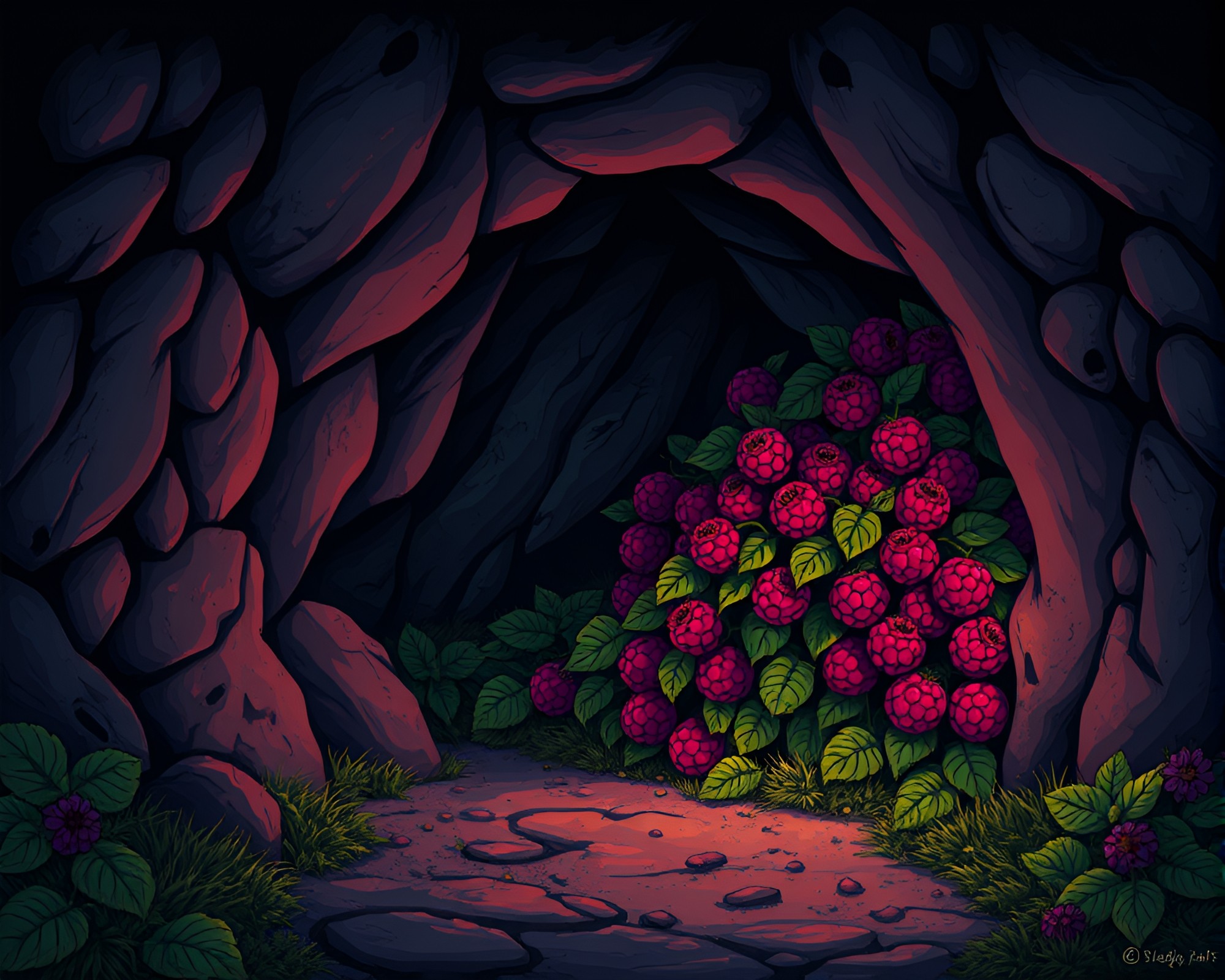 Toon Shaded Street Art of Raspberry Bush Cave – free AI stock image