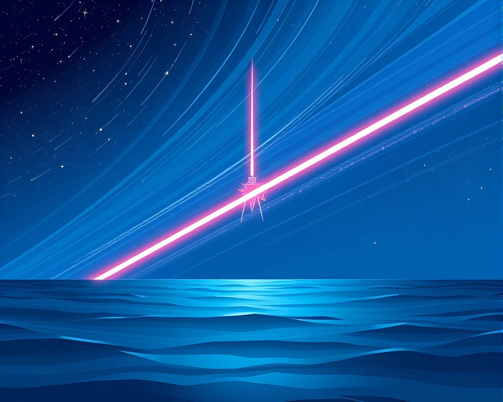 Twinkling Star Trails Amid Ocean-Blue Laser Sword Light – free AI stock image