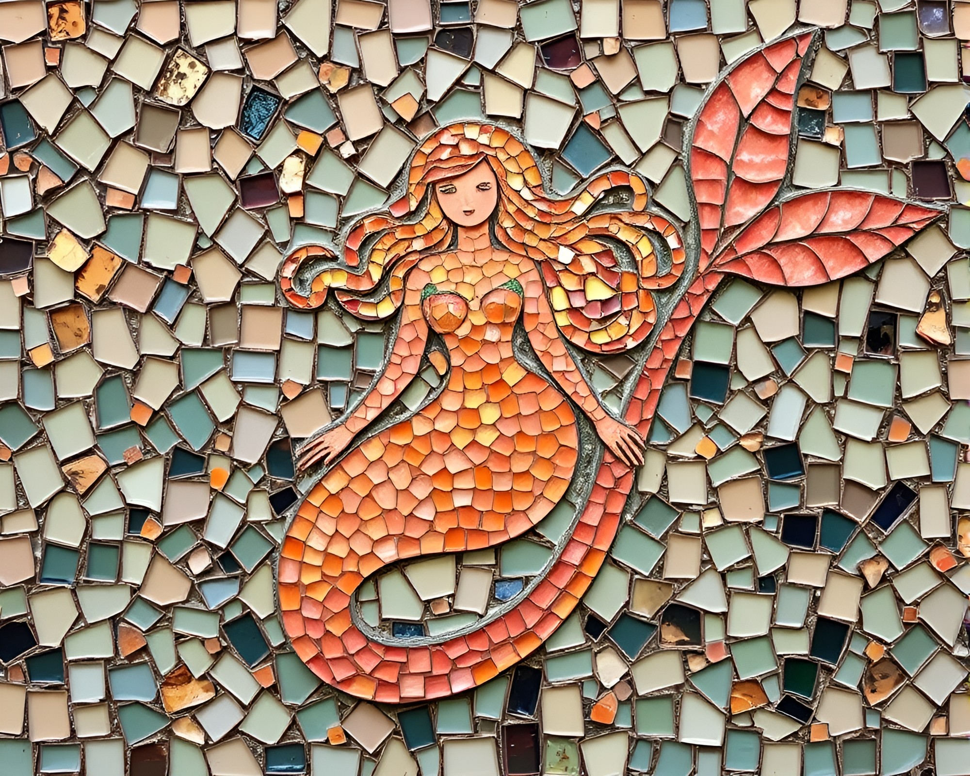 Chromatic Mermaid Écorché Mosaic in Peachy Glow – free AI stock image