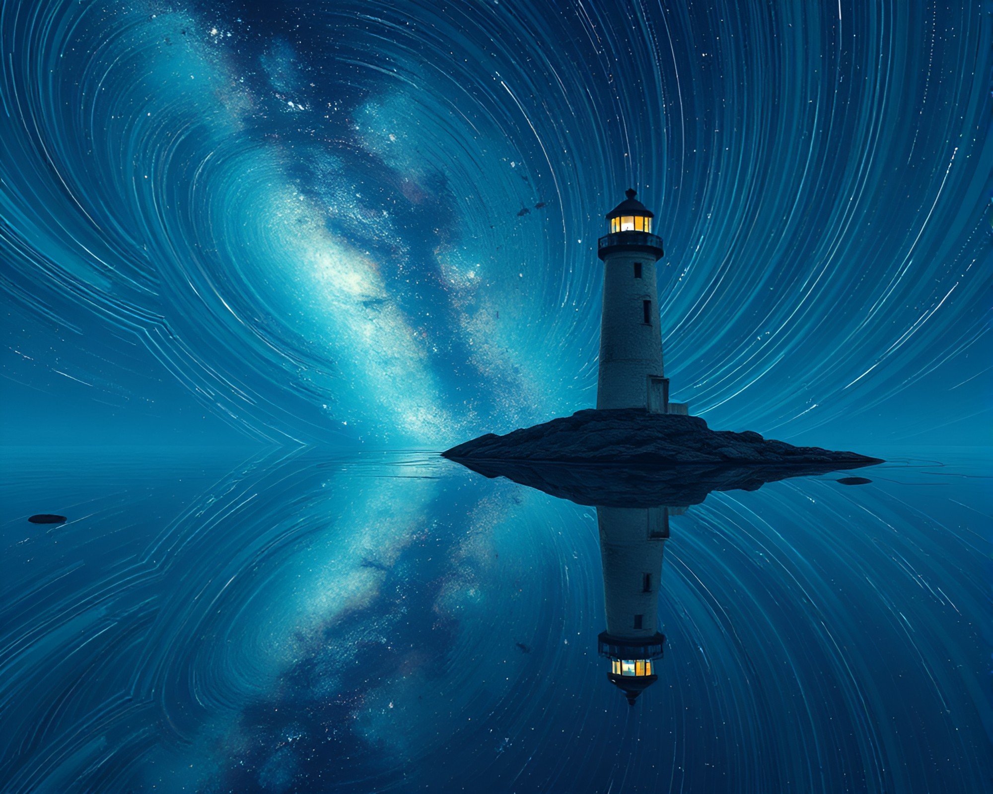 Abandoned Lighthouse Reflecting Milky Way Swirls Illustration – free AI stock image