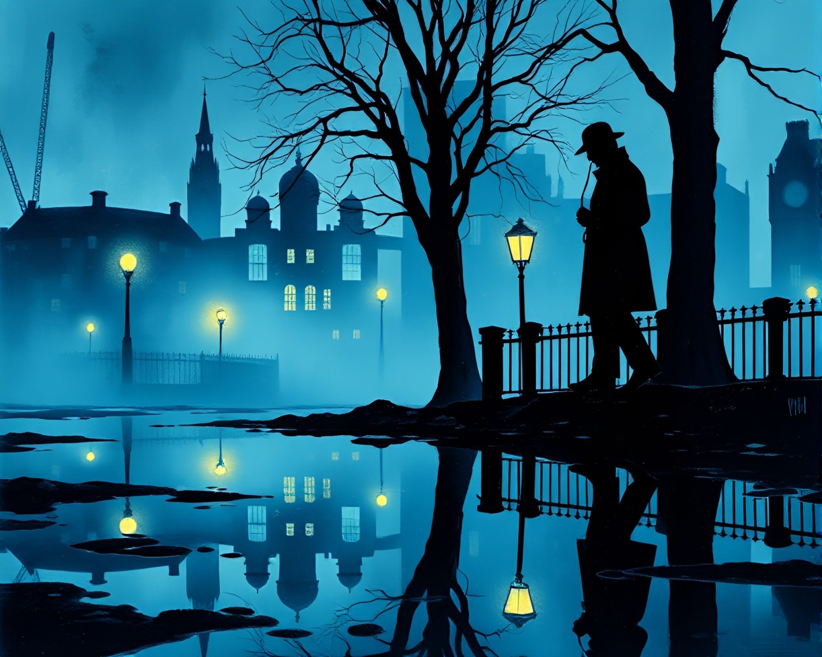 Glow-in-the-dark gouache painting of Sherlock Holmes' shadow in puddle