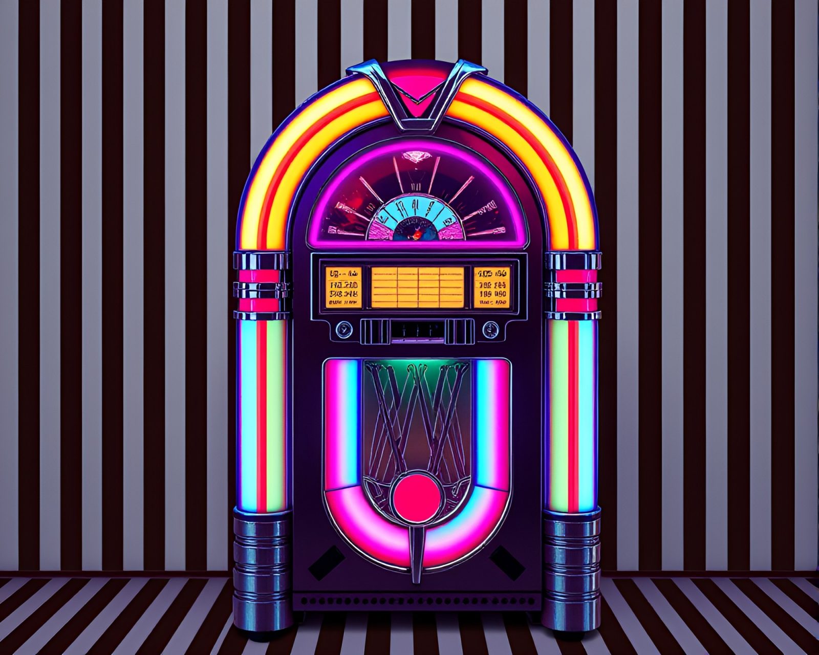 Vibrant pastel jukebox glowing under neon striped lights
