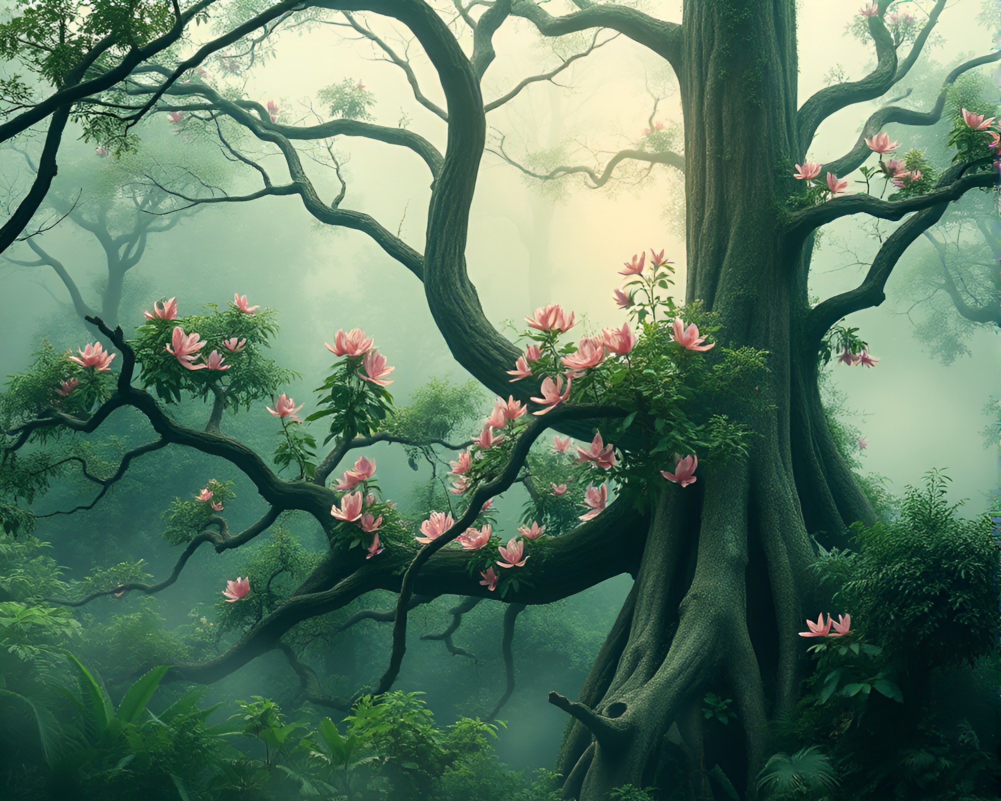 Enchanting Watercolor Blooms: Ancient Tree in Futuristic Rainforest – free AI stock image