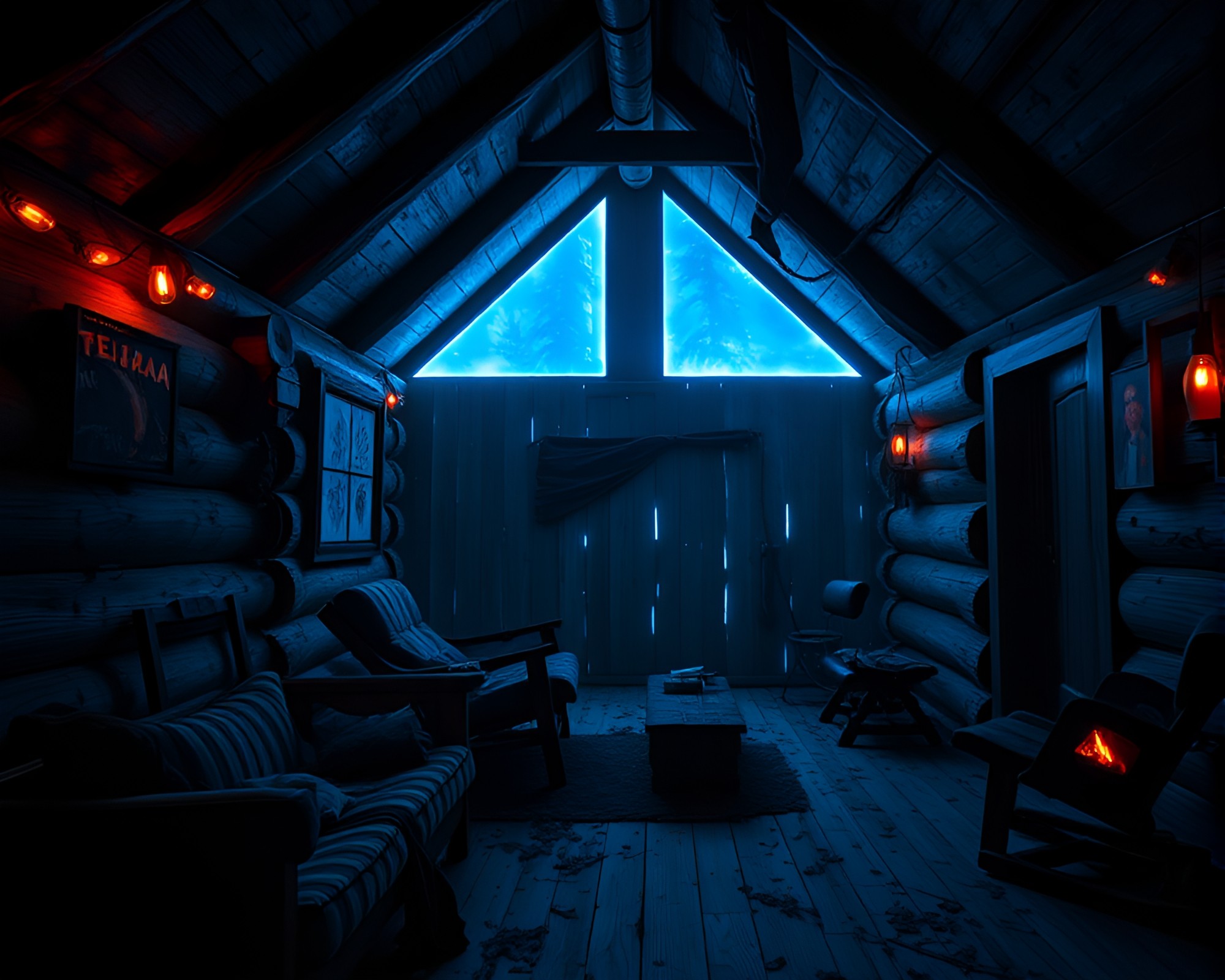 Rustic Cabin Bathed in Steel-Blue Synthwave Light – free AI stock image