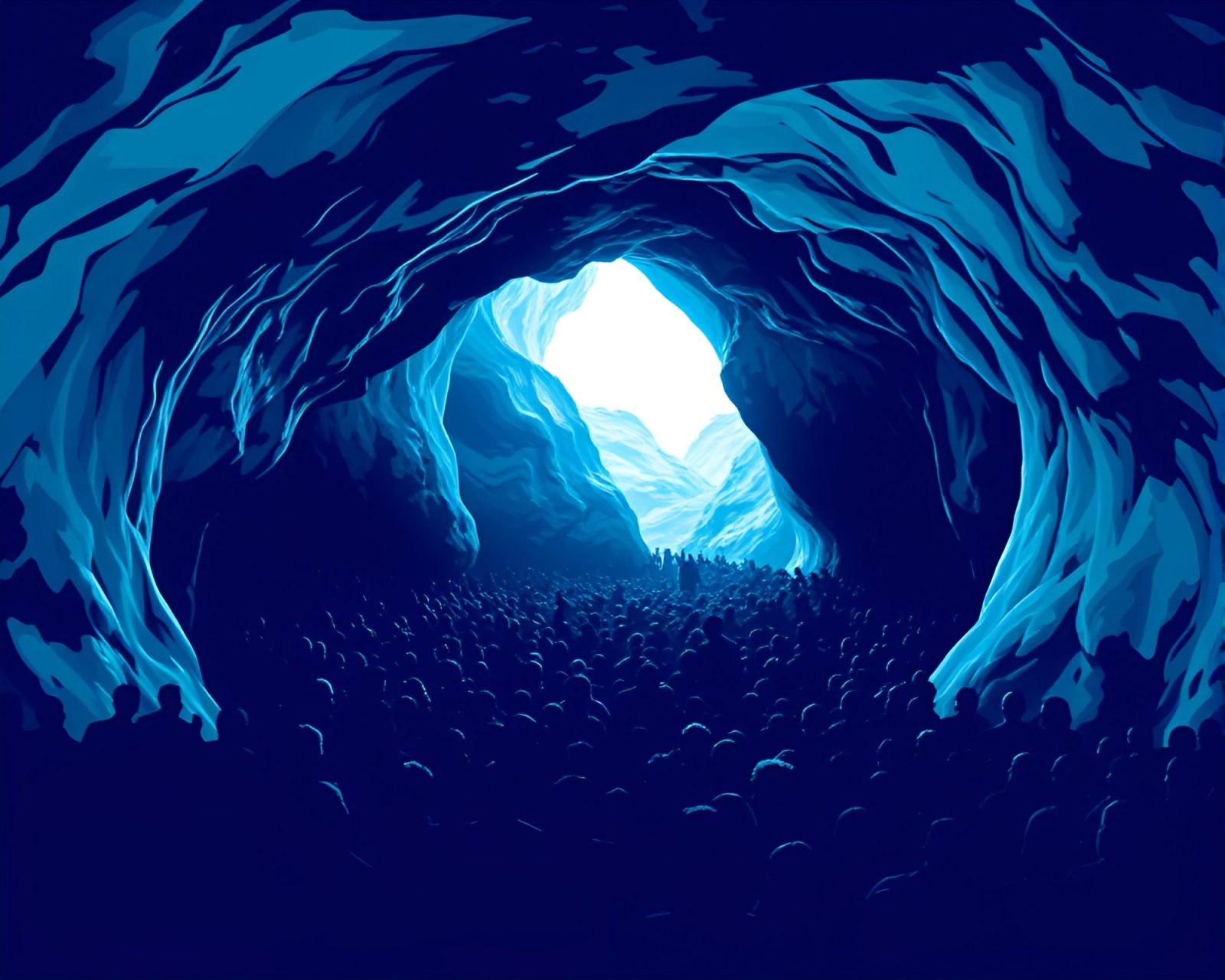 A vibrant pop art image of silhouettes in a glacial cave.