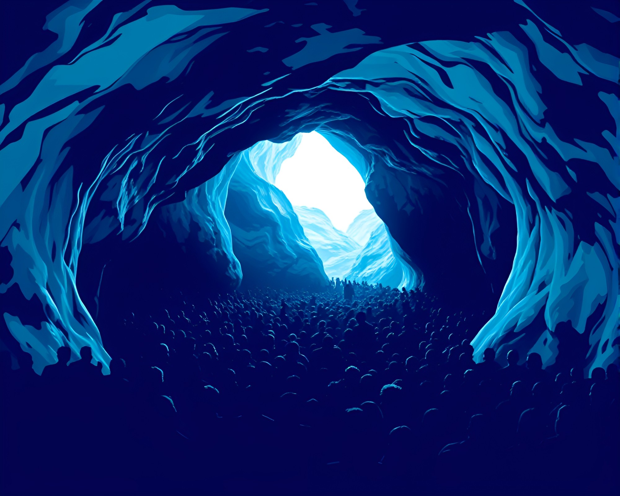 Glacial Cave Silhouette Crowd: Ocean Blue Pop Art – free AI stock image