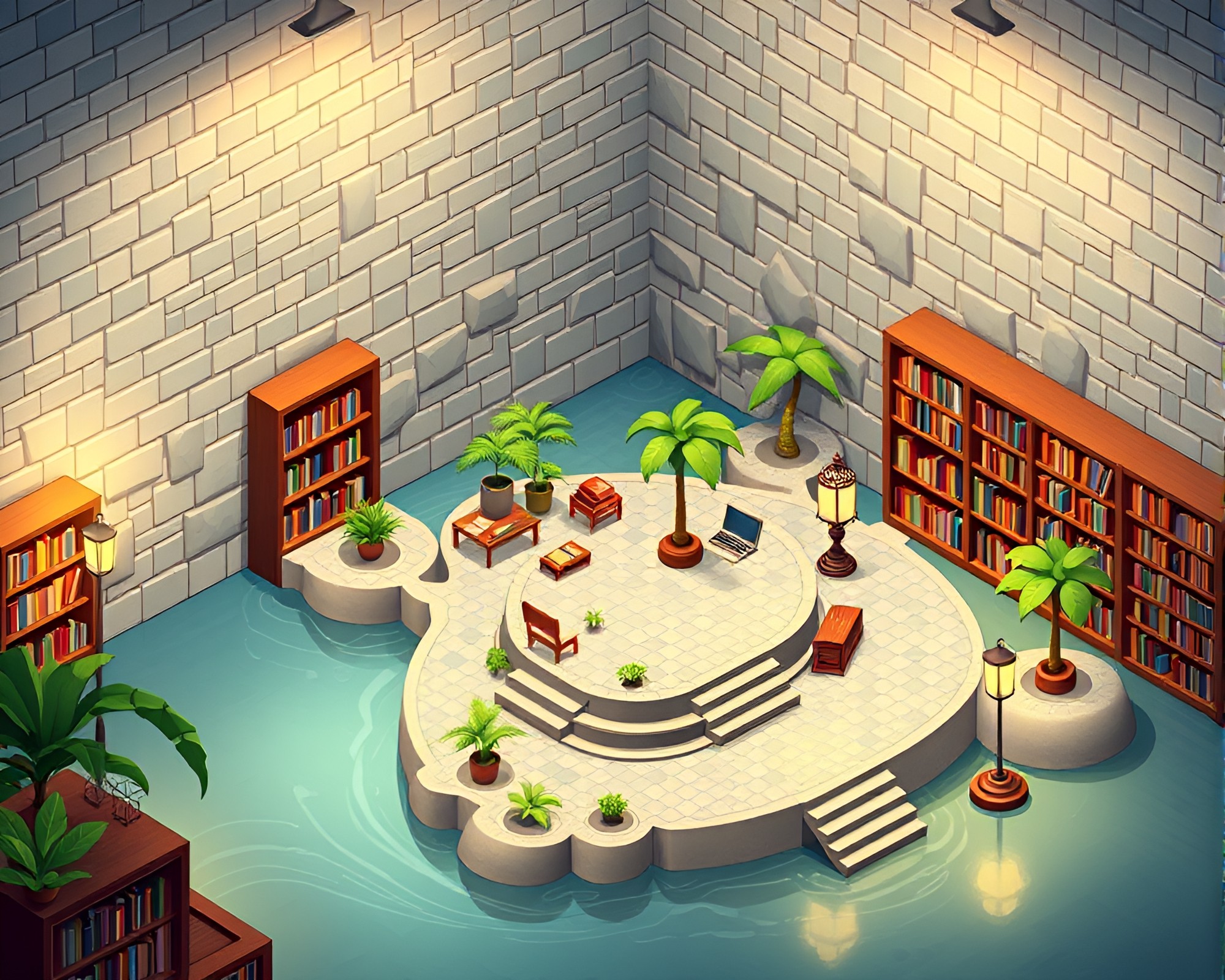 Island Library in Isometric Mosaic Illustration – free AI stock image