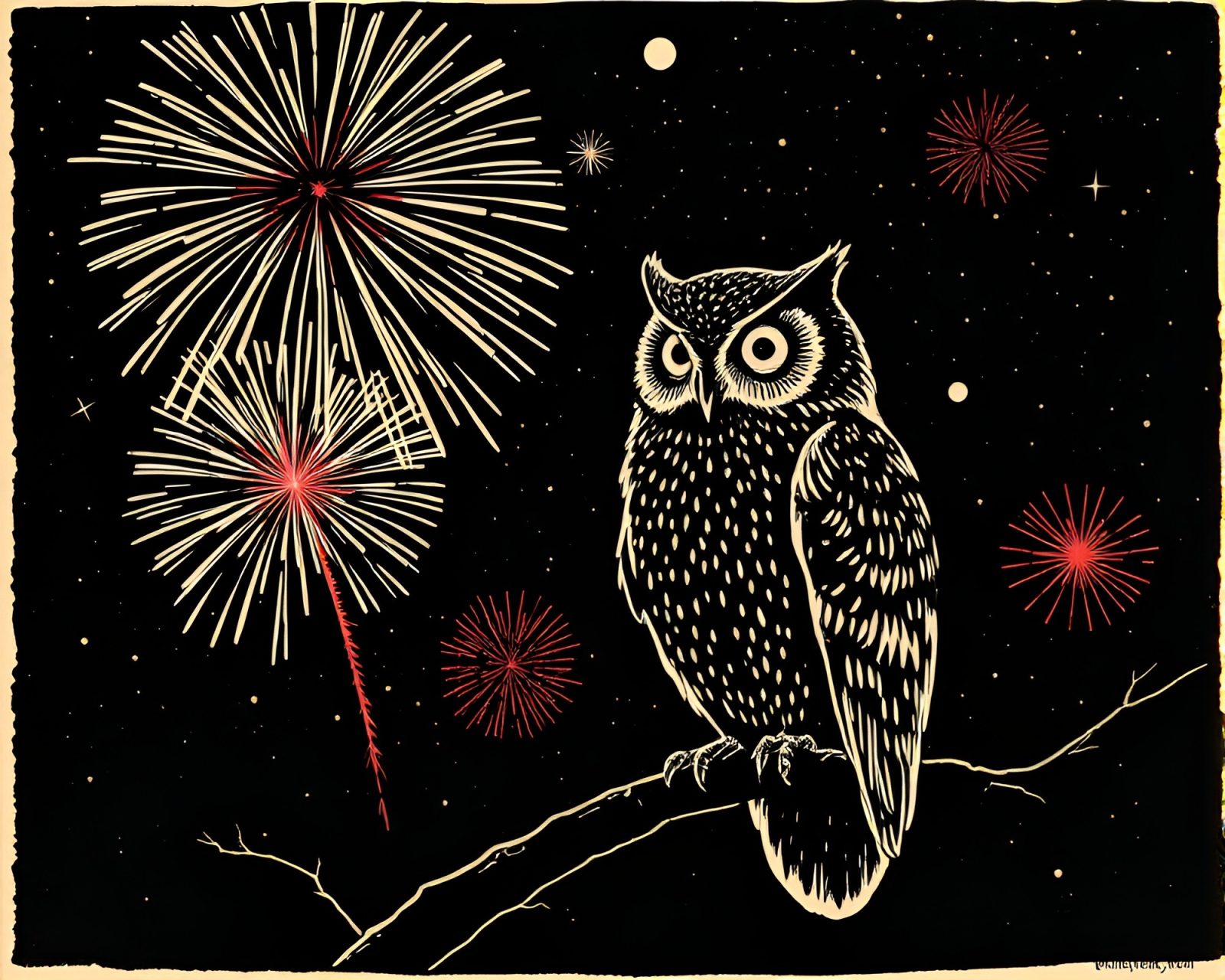 Majestic owl surrounded by vibrant linocut fireworks bursts