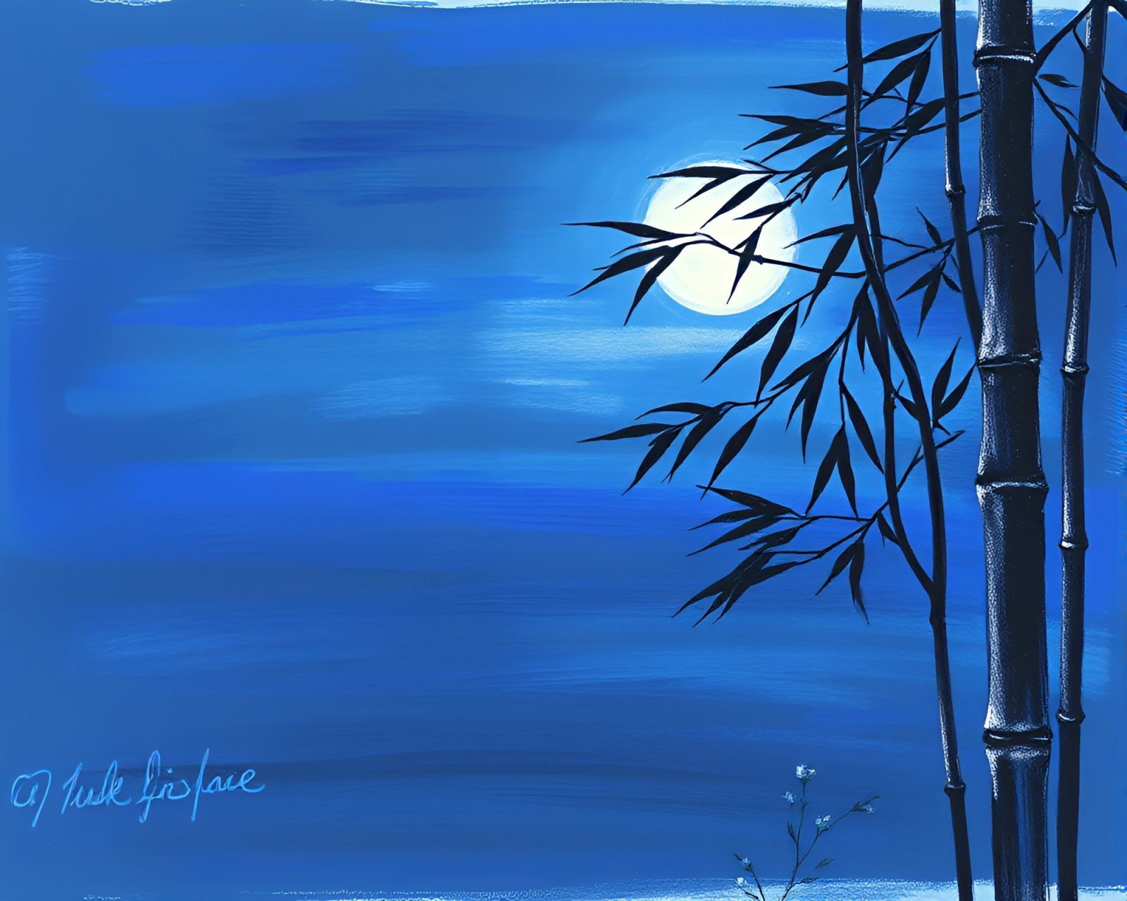 Conté crayon drawing of a bamboo flute player at twilight blue hour with chalkboard smudges