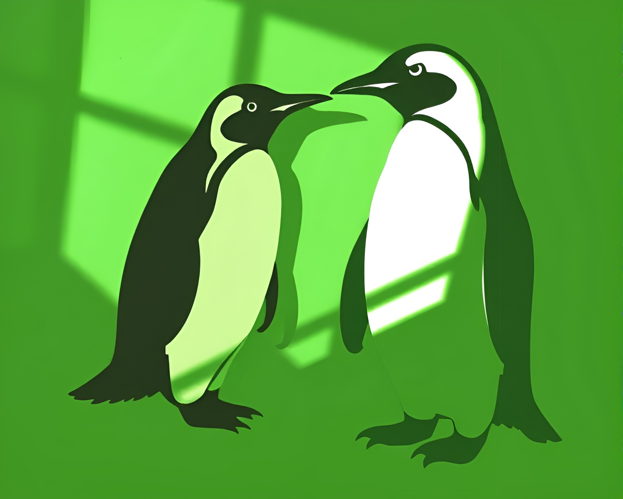Grunge Penguin Shadows in Monochrome Green Lighting – free AI stock image