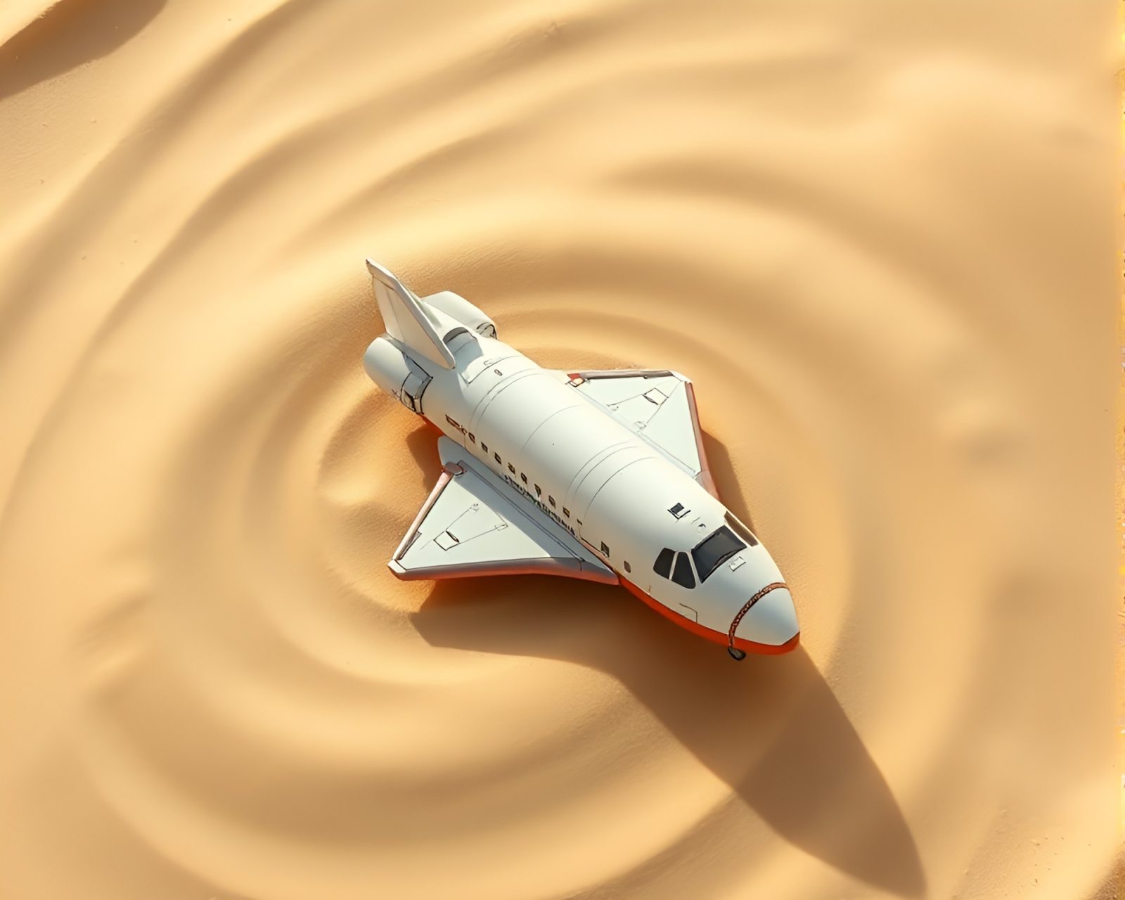 Illustration of a space shuttle surrounded by sand swirls
