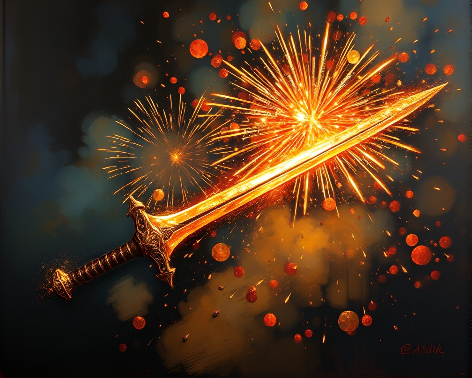 Impressionist painting of a bronze sword beneath fireworks bursts