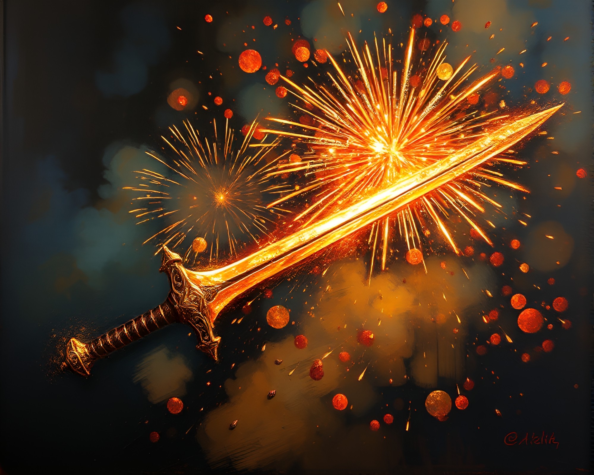 Bronze Sword under Fireworks: Impressionist Fantasy – free AI stock image
