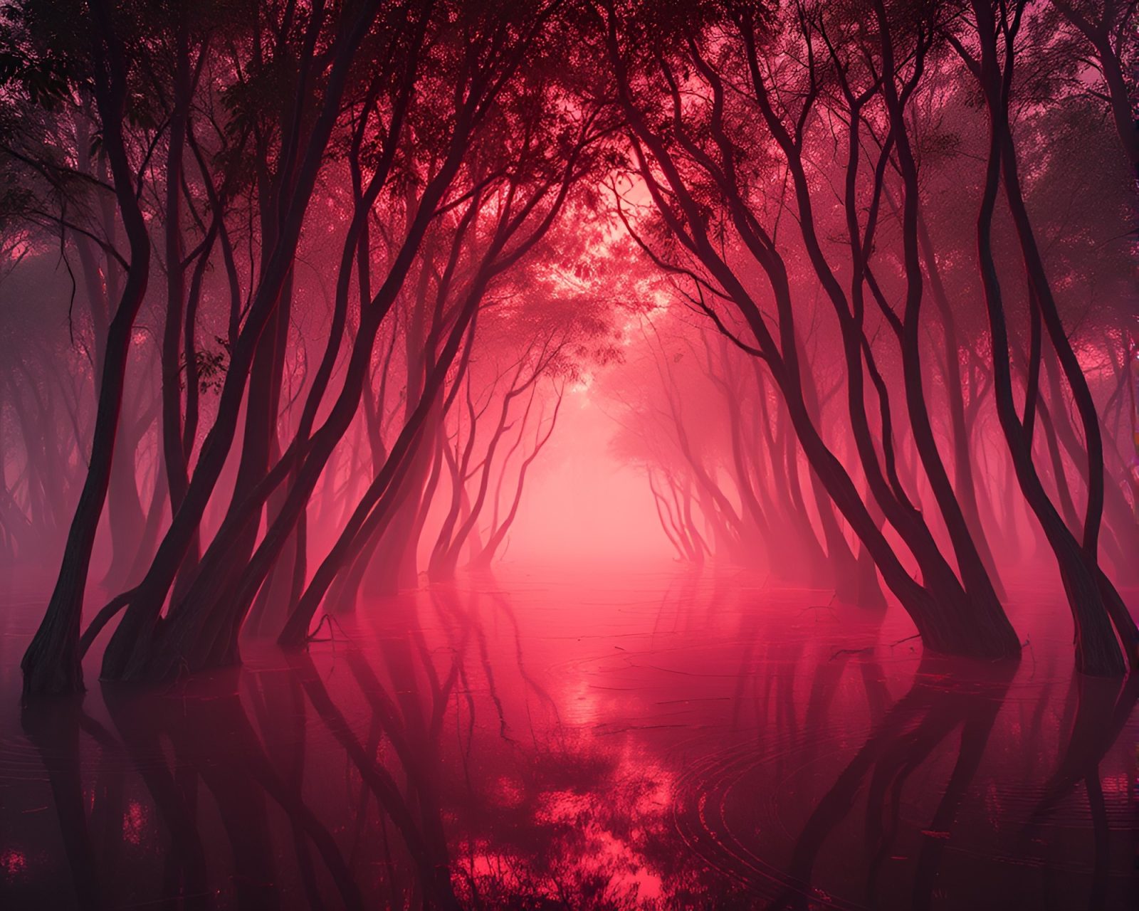 A mesmerizing retrowave mangrove swamp scene under a peachy glow with dust overlay