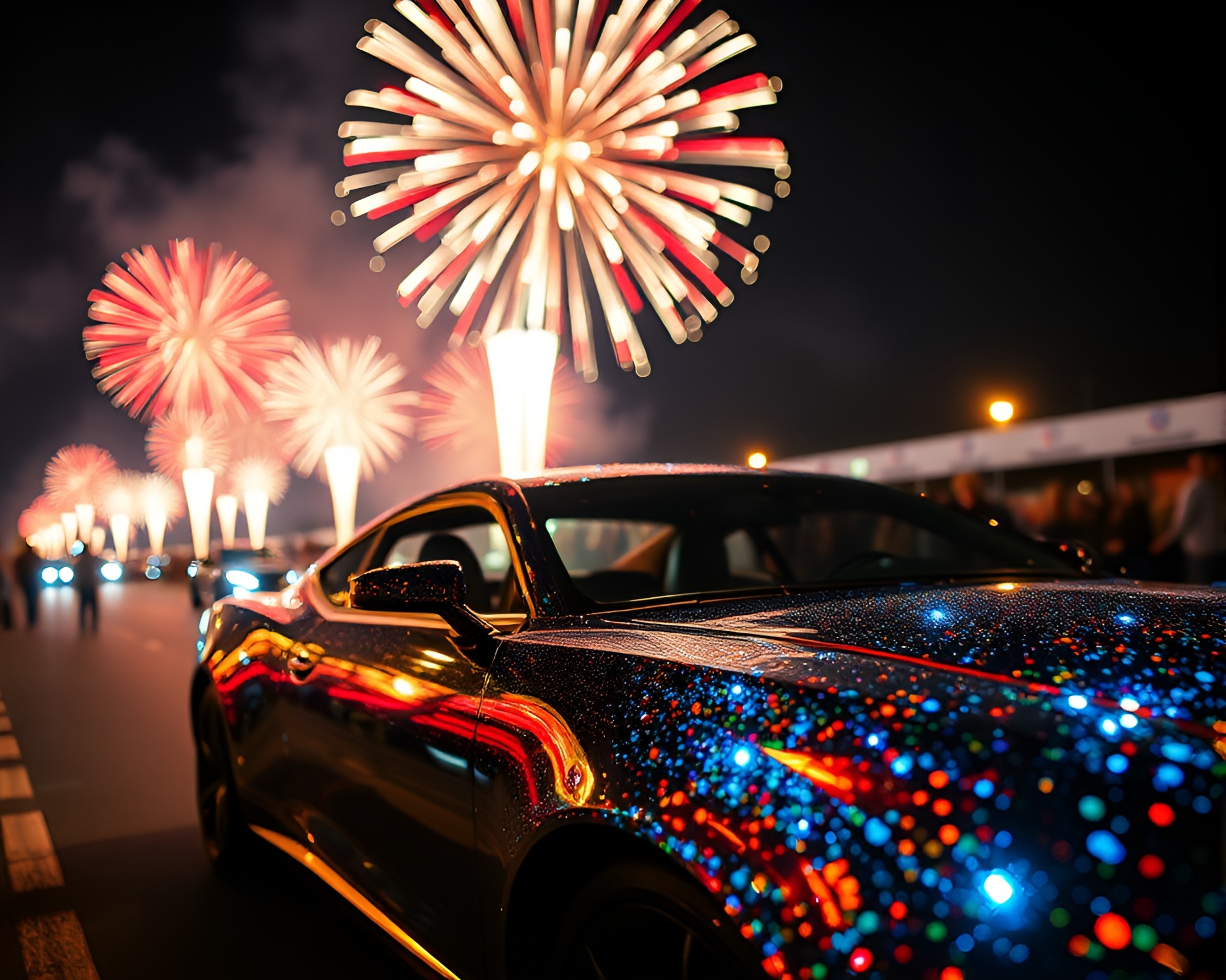 Futuristic Hover Car Reflections in Festive Fireworks Splatter Art – free AI stock image