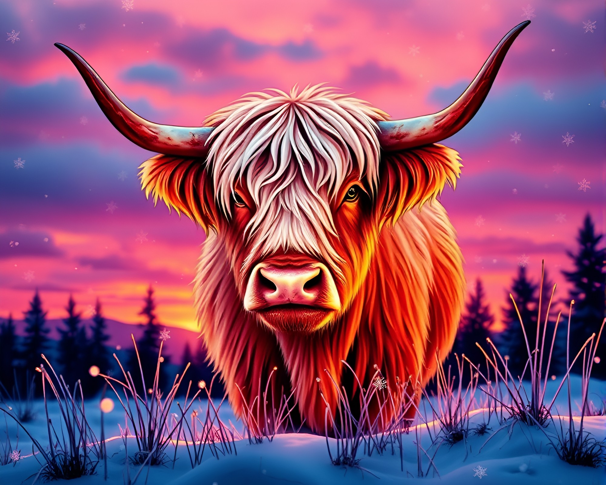 Highland Cow amidst Stained Glass Snowflakes at Sunset – free AI stock image