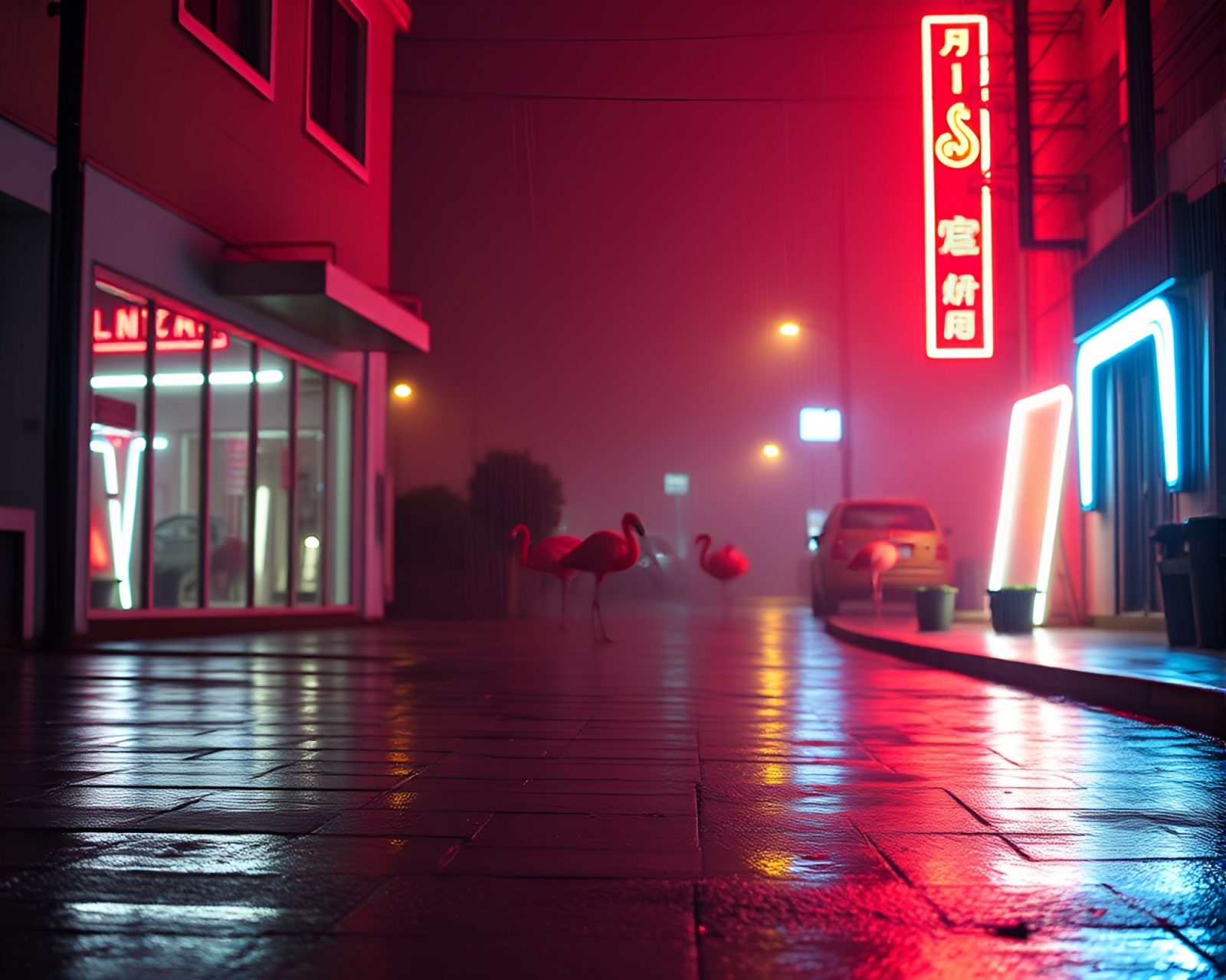 Vivid neon lights casting shadows of flamingos on rainy street