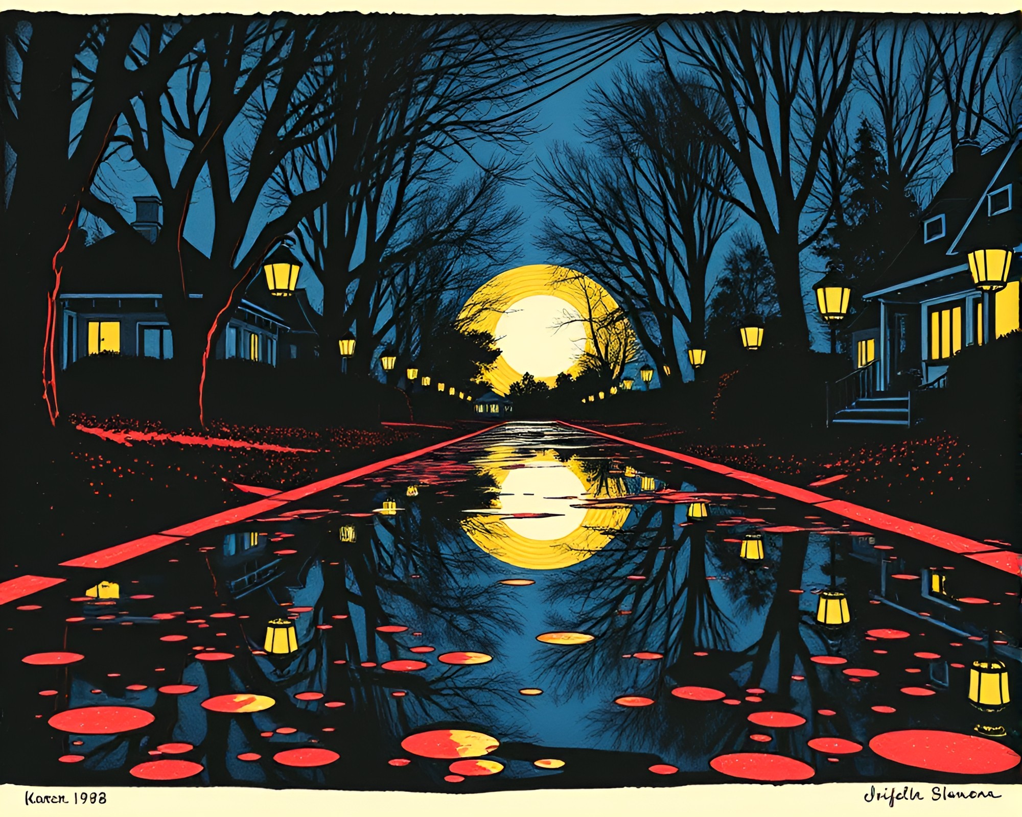 Lantern Reflection in Puddle: Rainbow Woodcut Print – free AI stock image