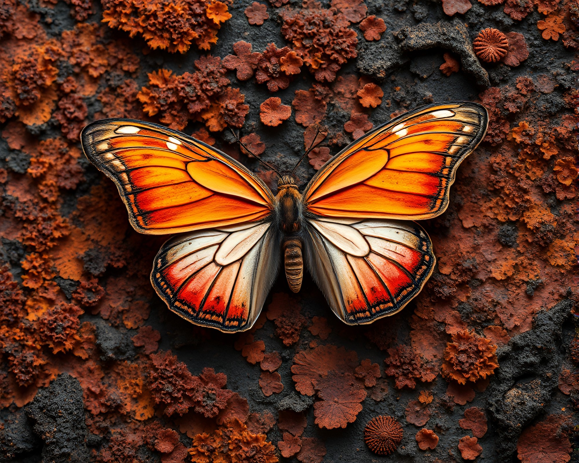 Silk Butterfly in Lichen Sunset Glow – free AI stock image