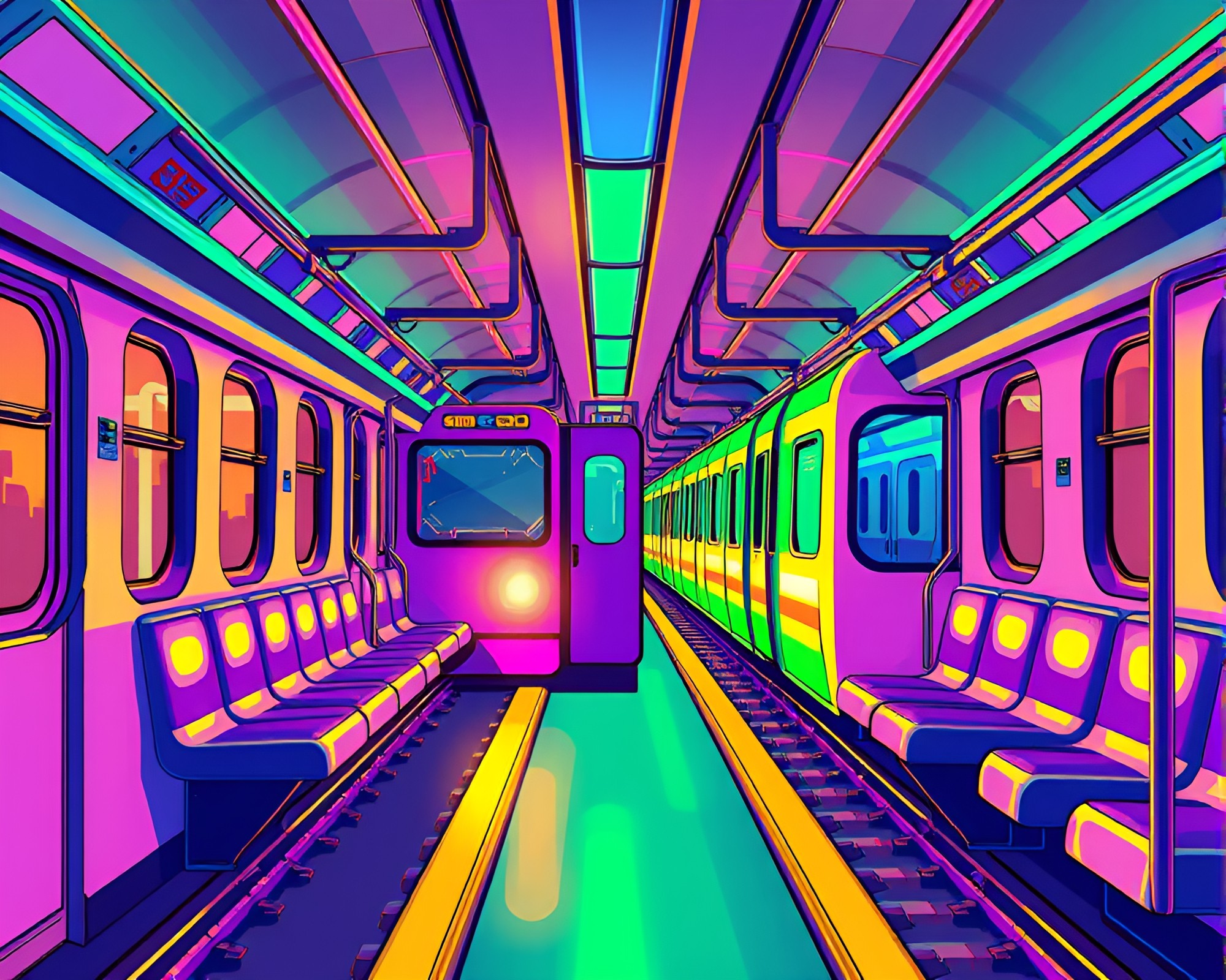 Vibrant Neon Train Station with Off-Center Focus – free AI stock image