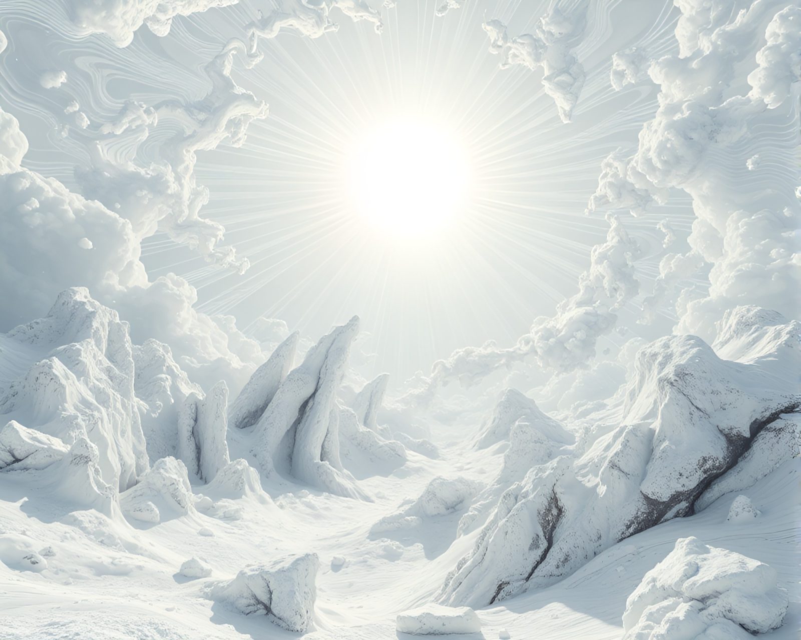 Ivory white landscape with kinetic sun glares