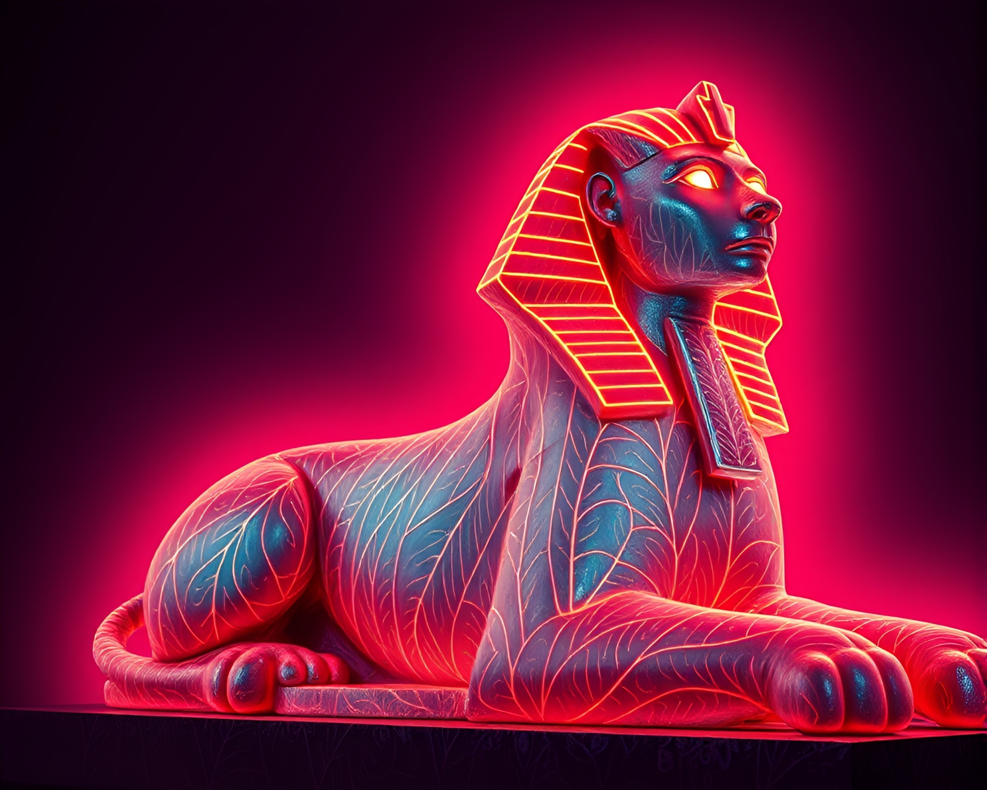 Sphinx Statue Illuminated by Neon Veins – free AI stock image