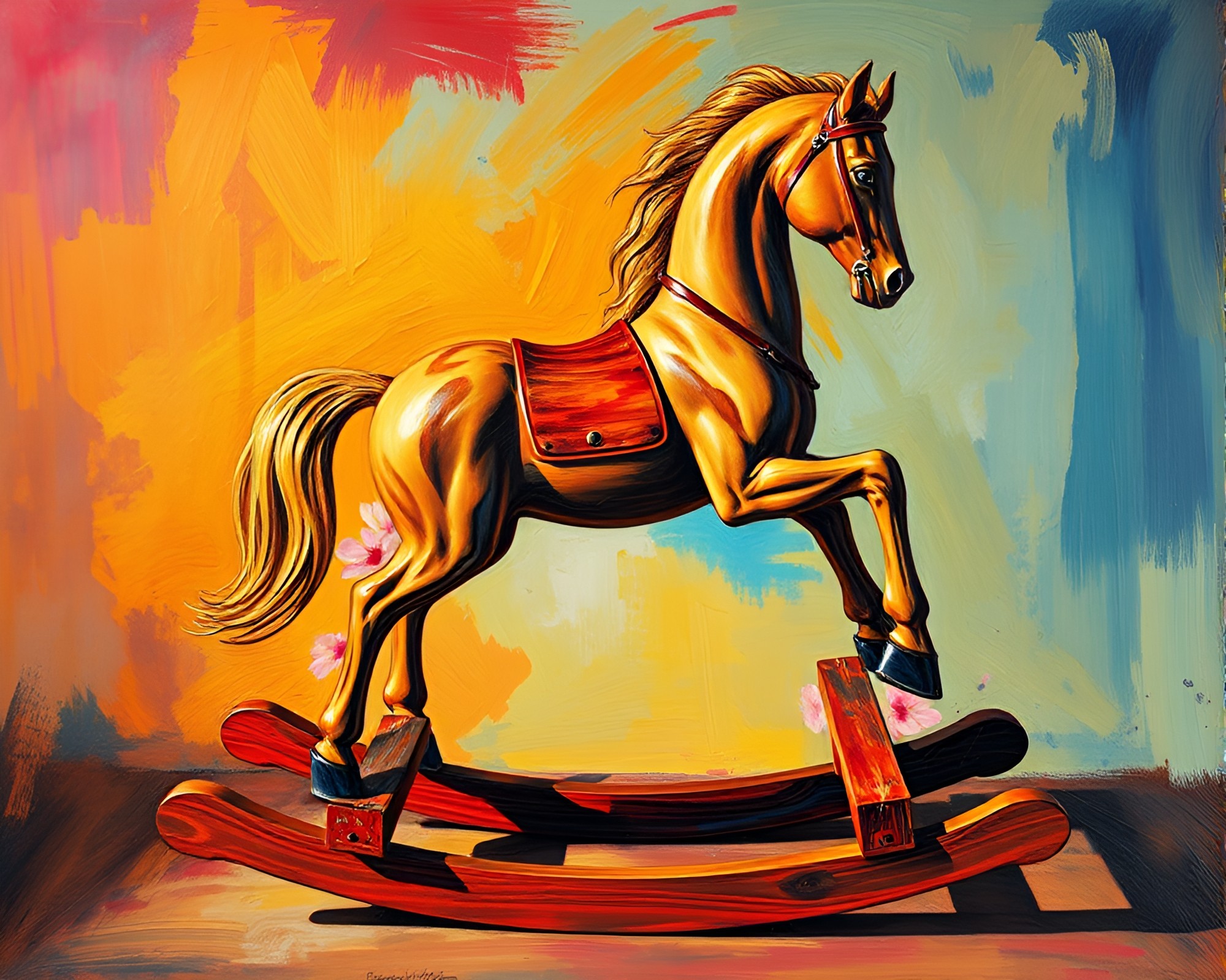 Vibrant Tempera Wooden Rocking Horse Artwork – free AI stock image