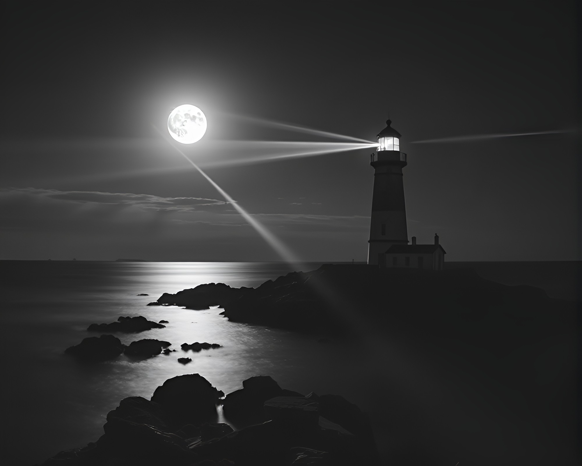 Lighthouse Eclipse: Moonlit Laser Show – free AI stock image