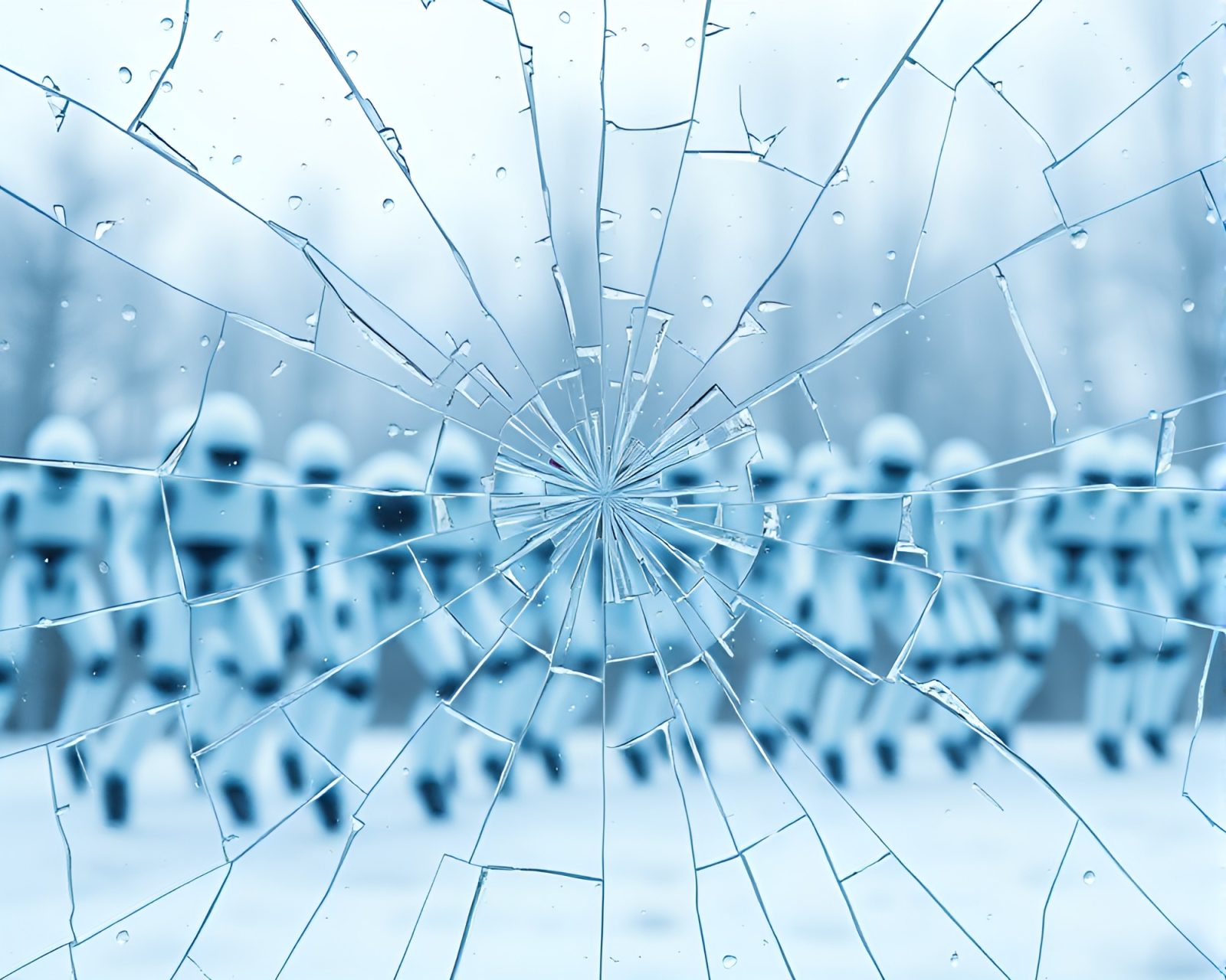 Maximalist broken glass with ice-blue nanobot swarm art