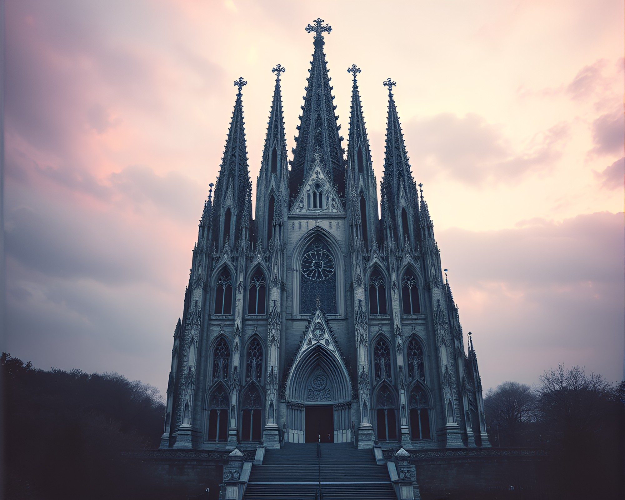 Gothic Cathedral Illuminated in Planetary Pastel Halftone – free AI stock image