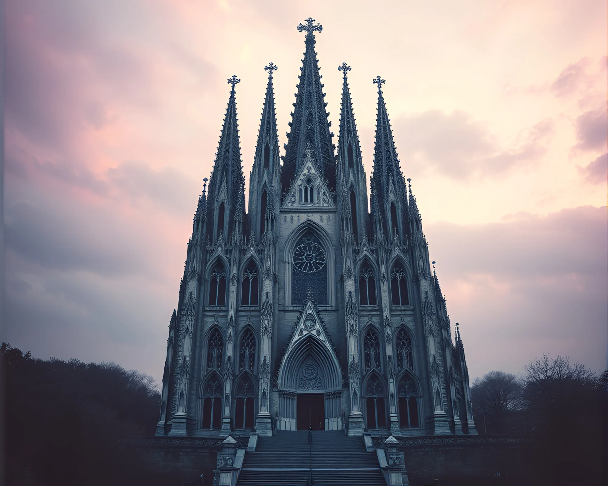 Gothic Cathedral Illuminated in Planetary Pastel Halftone