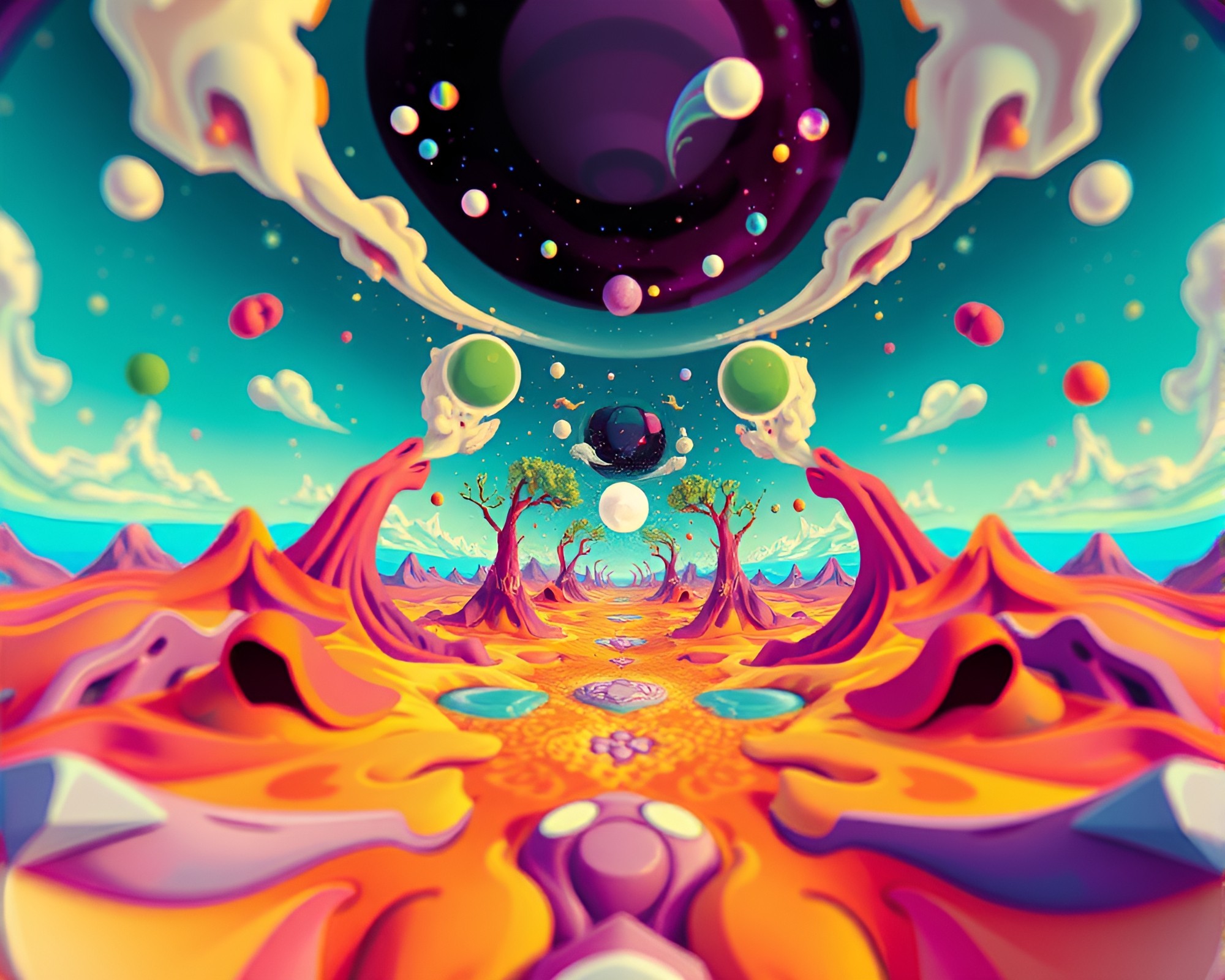 Surreal Cartoon Dreamscape with Kaleidoscope Effect – free AI stock image