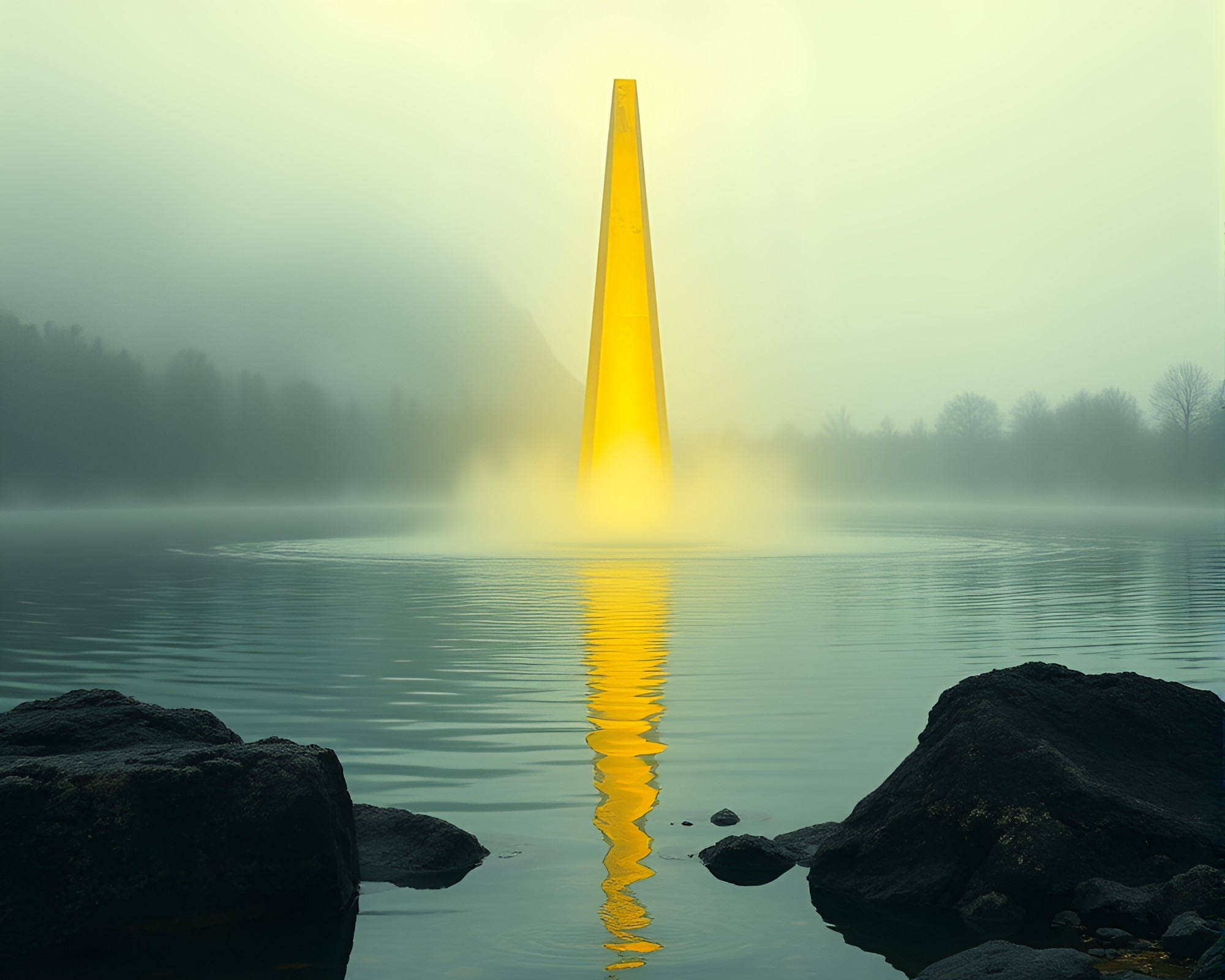Dystopian Obelisk Emerging Through Lemon Water Distortion – free AI stock image