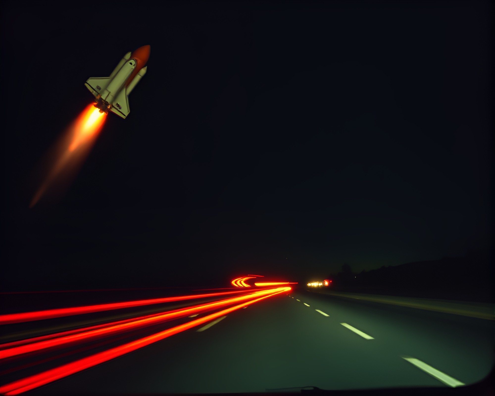 Space Shuttle Light Trails in Grainy Film Style – free AI stock image
