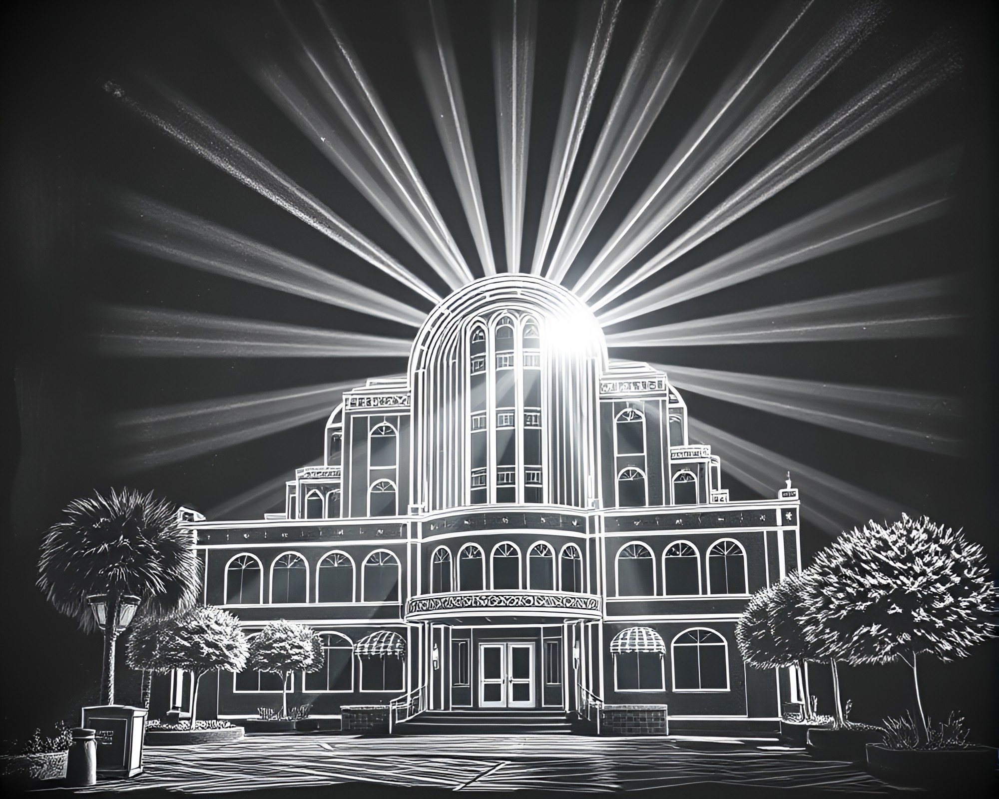 Fractal Art Deco Hotel Bathed in Sunbeam Rays – free AI stock image