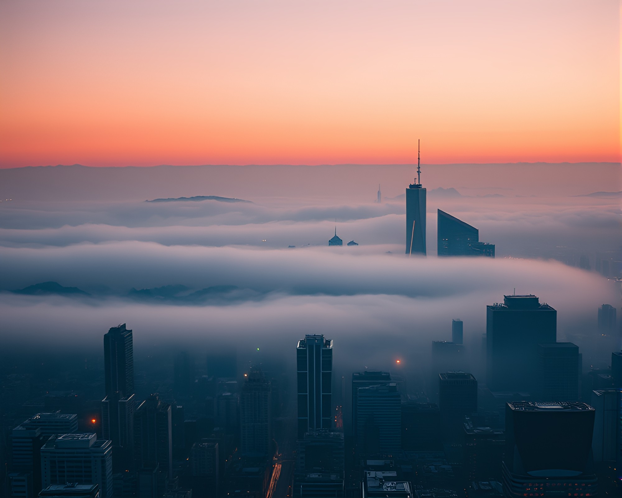 Virtual Cityscape Emerges from Earth-Toned Fog Banks – free AI stock image